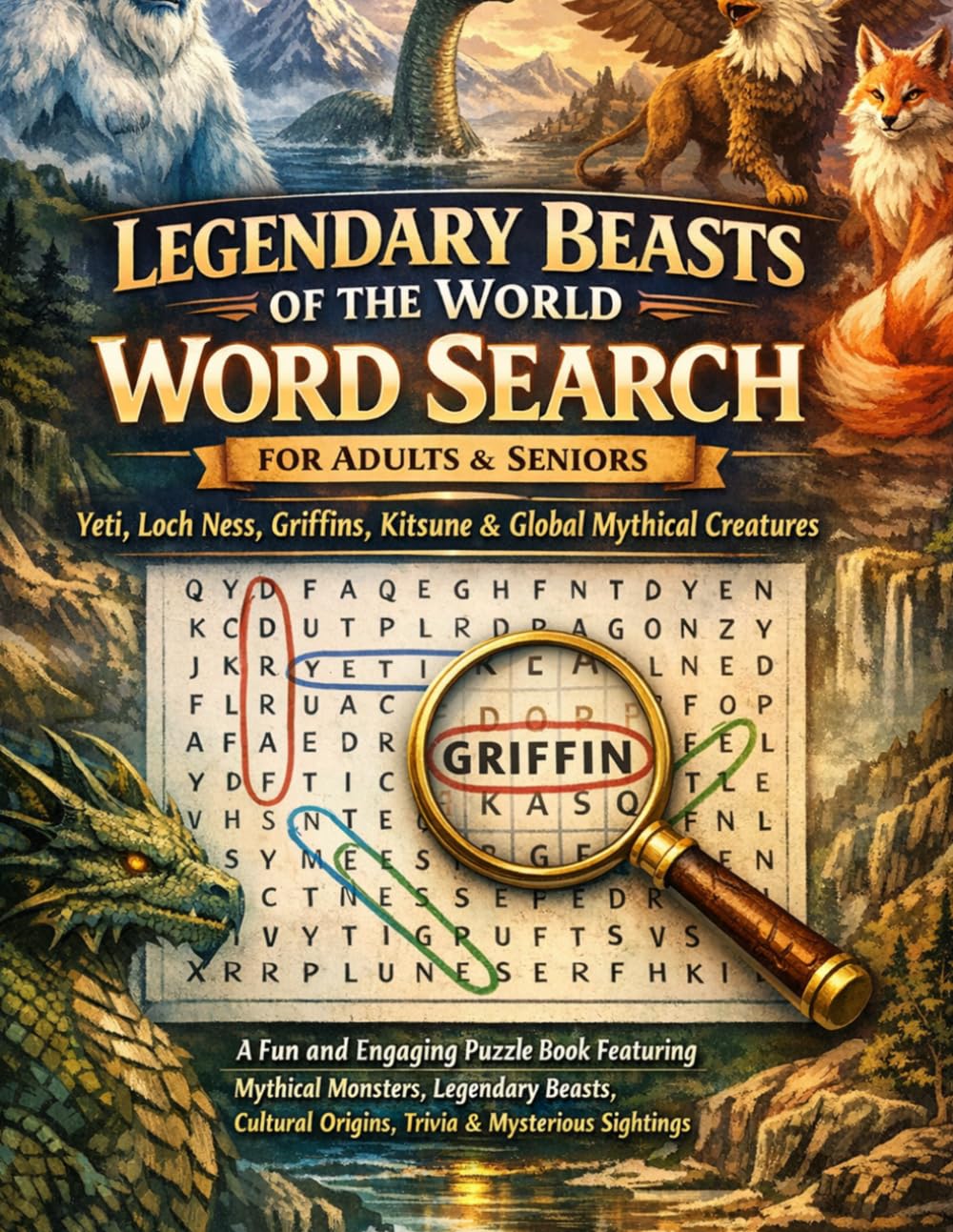 Legendary Beasts of the World Word Search for Adults & Seniors: Yeti, Loch Ness, Griffins, Kitsune & Global Mythical Creatures: A Fun and Engaging ... Origins, Trivia & Mysterious Sightings