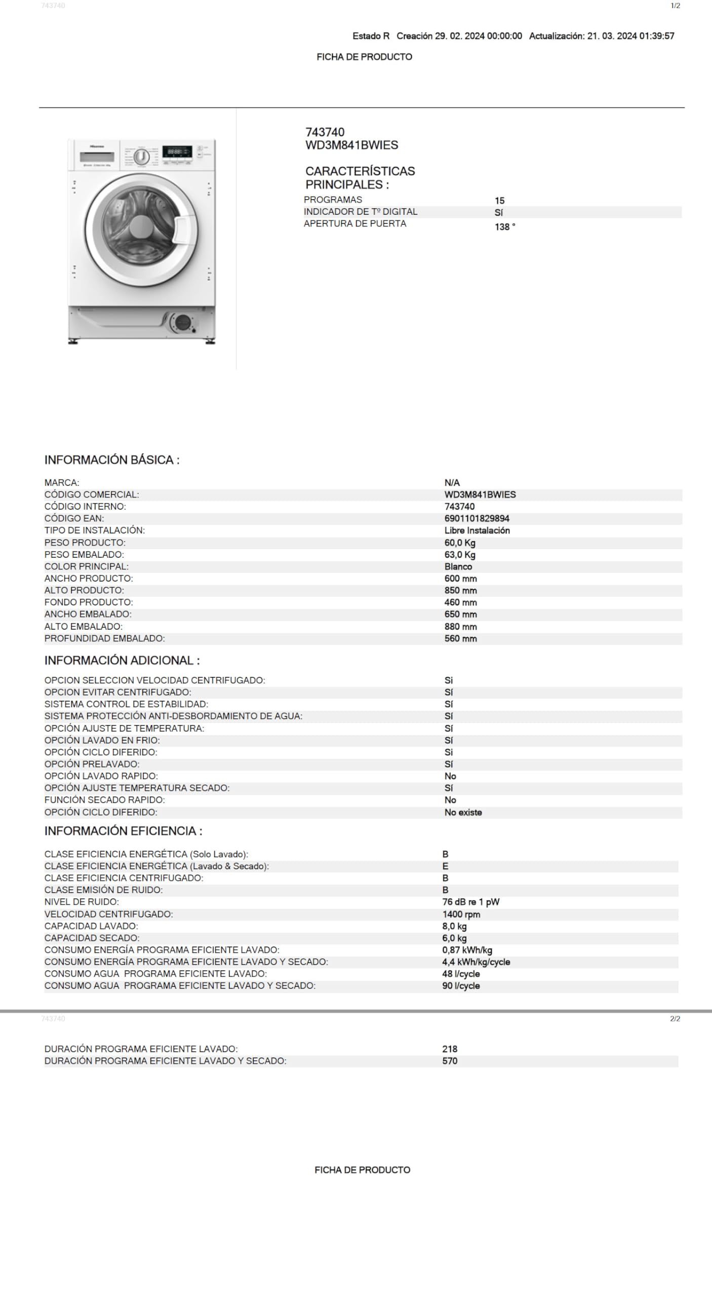 Hisense WD3M841BWIES - Lavasecadora, Clase E/B, 8kg/6 kg, Lavado Secado 1h, Pausar y Añadir, Finalización Diferida, Tecnología Inverter, Blanco