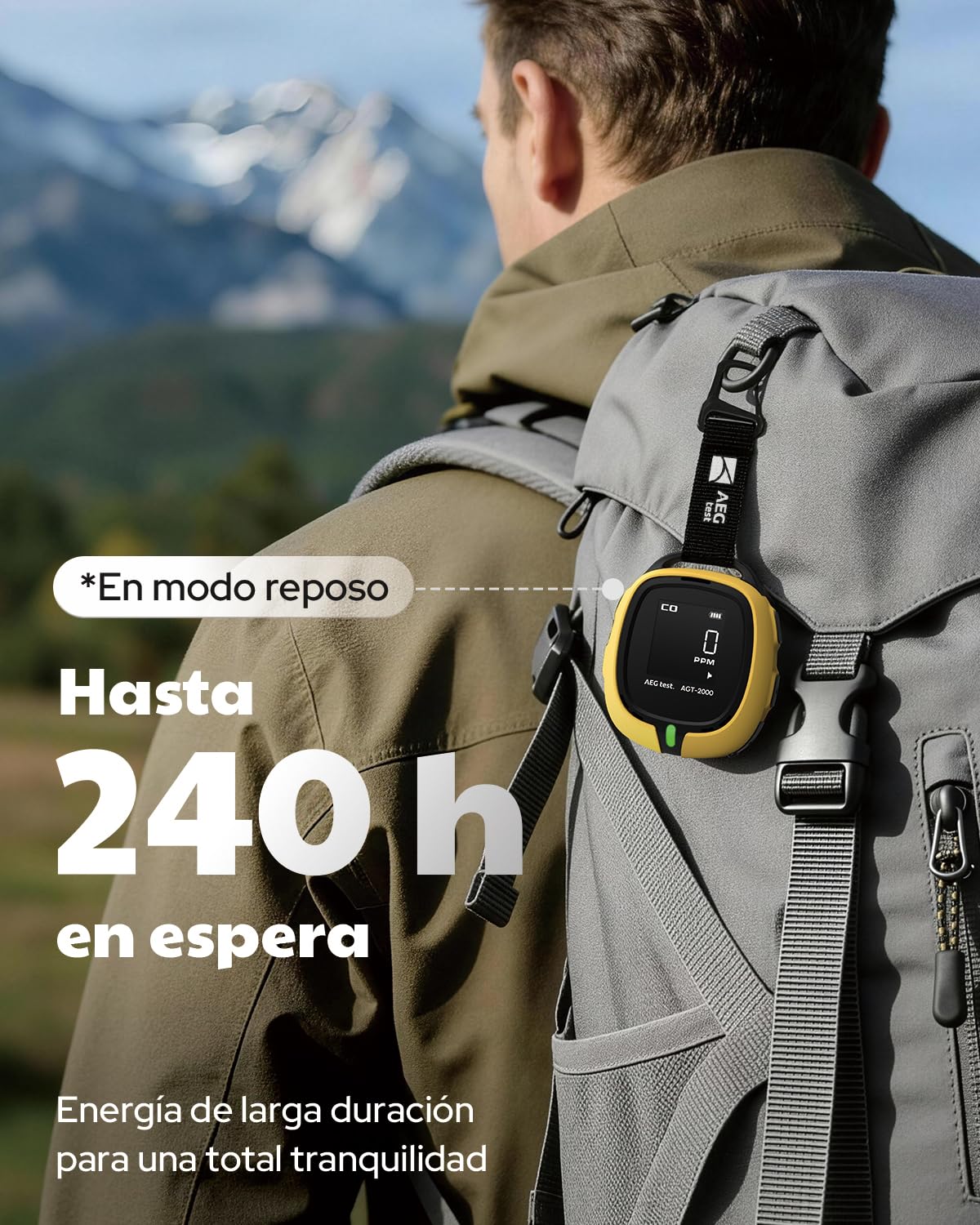 AGT-2000 Detector Portátil de Monóxido de Carbono para Viajes, 240 H en Espera, Detector CO con Alertas Audibles y Visuales, Recargable, con Linterna de Emergencia Integrada