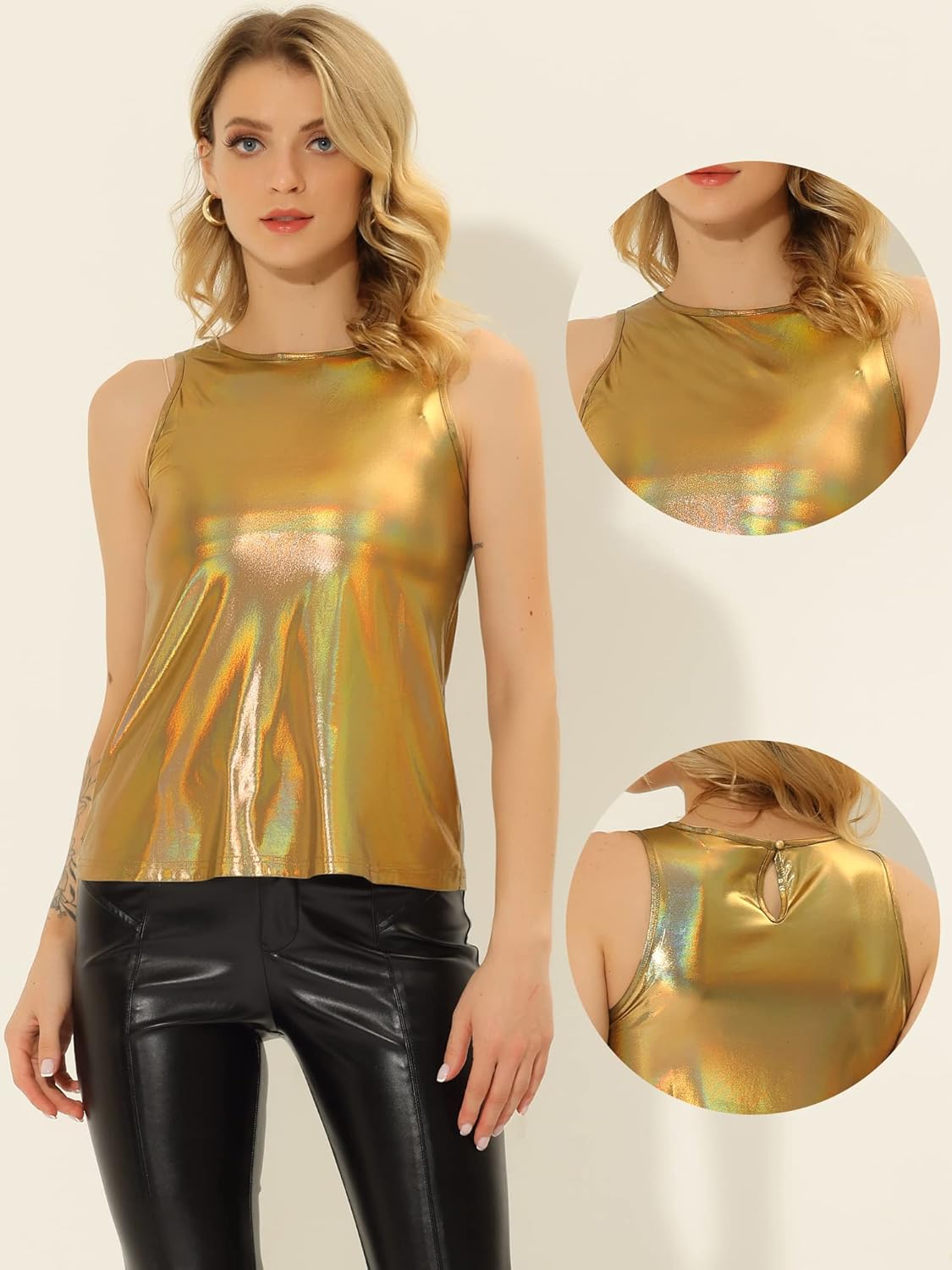 Allegra K Halloween Metallic Tank Top for Women's Sleeveless Club Party Shiny Shirt - Image 4