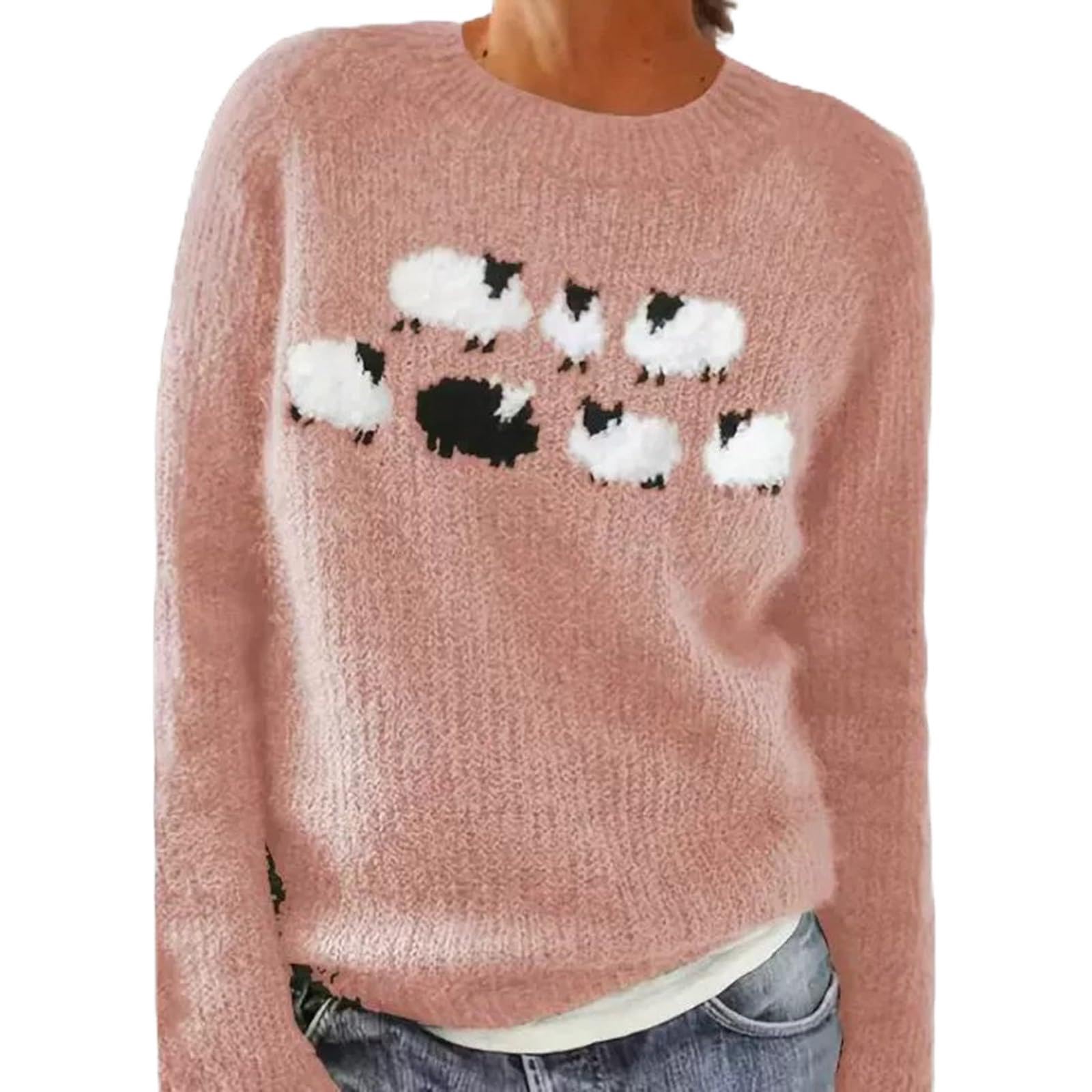 Women Long Sleeve Cotton Sweater Plus Size Casual Crewneck Fall Winter Knit Top Cute Print Loose Fit Fashion