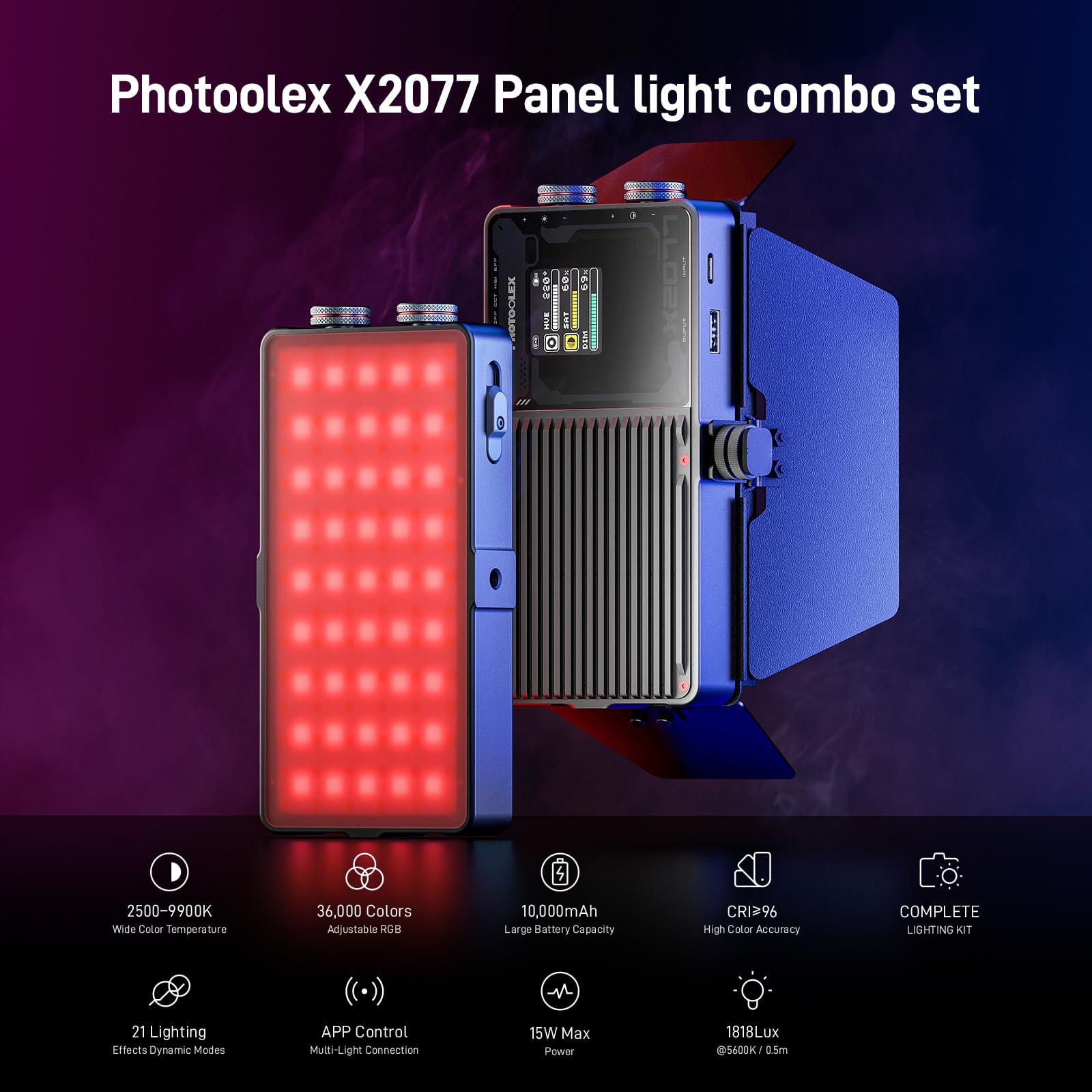 PHOTOOLEX X2077 RGB Lumière Vidéo, Panneau Lumineux LED Portable, 10000 mAh