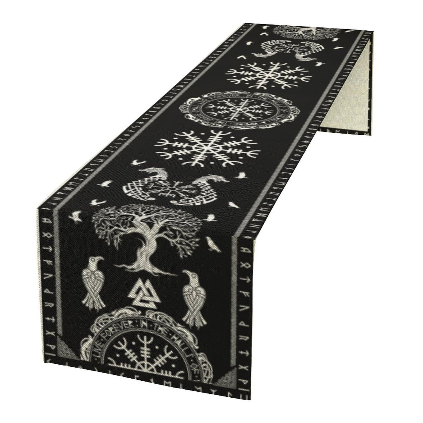 ShiTingYu Ancient Abstract Pattern Table Runner, Tree of Life Eagle Dragon Boat Rudder Black and White Table Runner 13x60 Inch