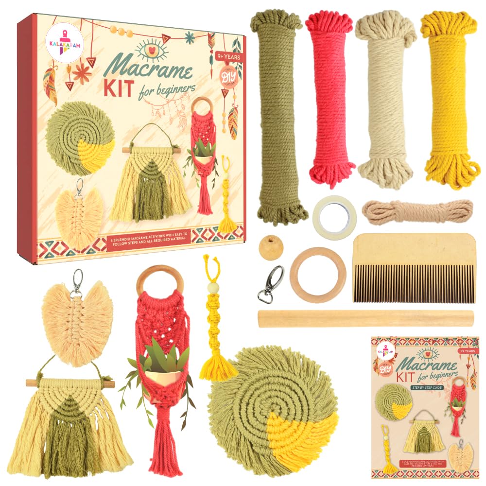Kalakaram Macrame Kit for Beginners | DIY Art & Craft Kit for Kids, Teens & Adults | DIY Embroidery Activity Craft Set | Learn Knotting, Wall Hanging, Keychain & Handmade Décor | Birthday Gift for Girls, Boys, Kids Ages 10+ | Screen-Free Hobby Kit