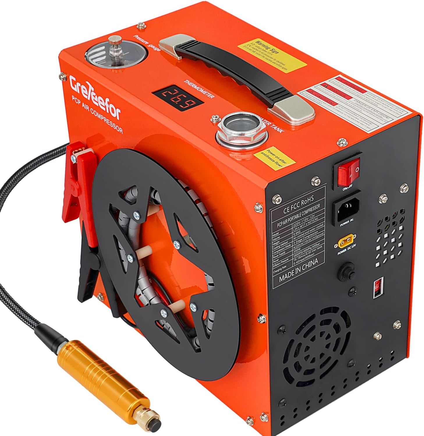 PCP Air Compressor, Max 5800 PSI / 40 MPa, 350W Motor, Water & Fans Cooling, Dual Set-Point Auto-Stop Gauge, 12V DC or 110V/220V AC Portable PCP Pump for Paintball Tanks, Airguns & Air Rifles