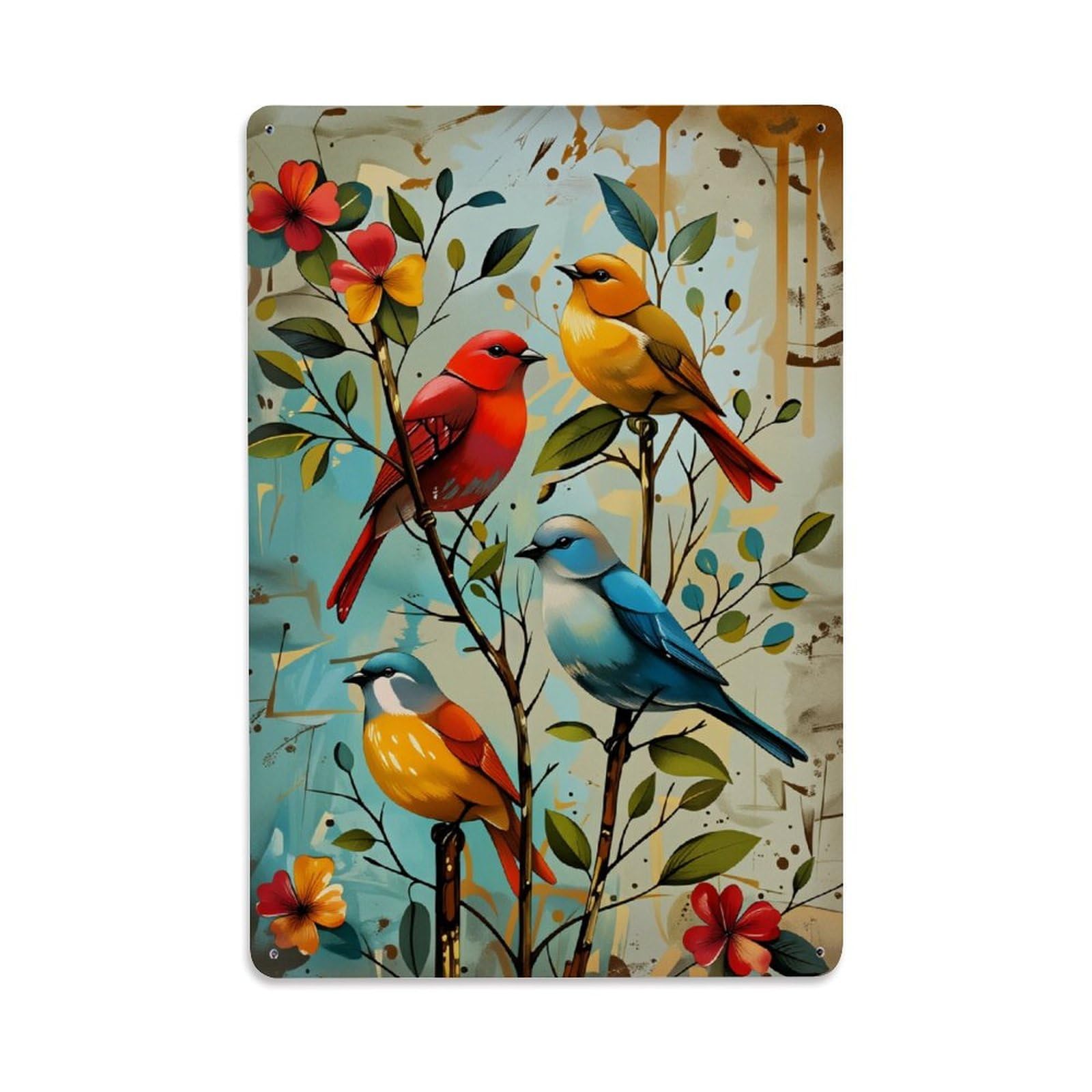 Enderetf Vintage Colorful Birds Floral Branches Art Tin Sign Metal Poster, Home Bar Garage Man Cave Cafe Indoor & Outdoor Wall Decoration 8X12inches