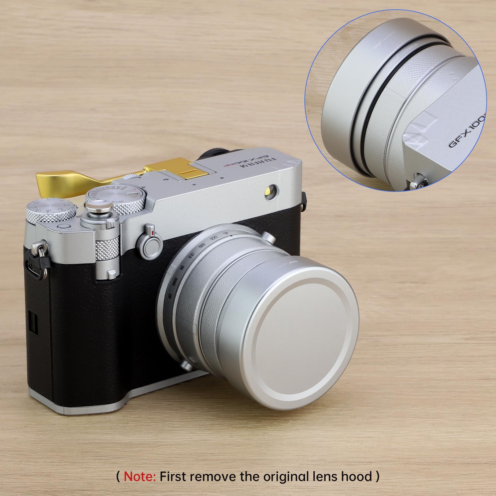 Haoge Metalowa kwadratowa osłona obiektywu do aparatu Fujifilm GFX100RF LH-GFXRF-IIS+Cap-GFXRF-IIS srebrny bagnet z metalową nasadką
