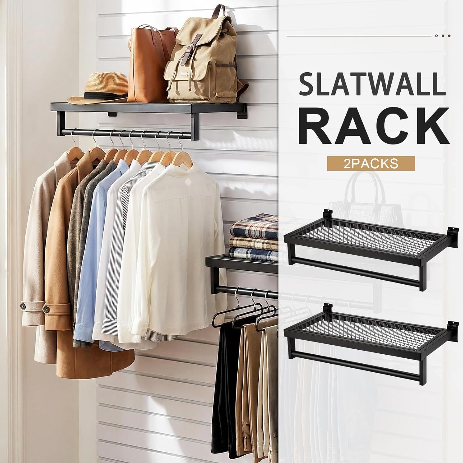 2 Pcs Black Slatwall Shelf Clothes Rack with Grid Shelf with Metal Mesh Rectangular Tubing U Shaped Handrail Hanger Slatwall Shelving Organizer Accessories for Home Room Garage Retail Display