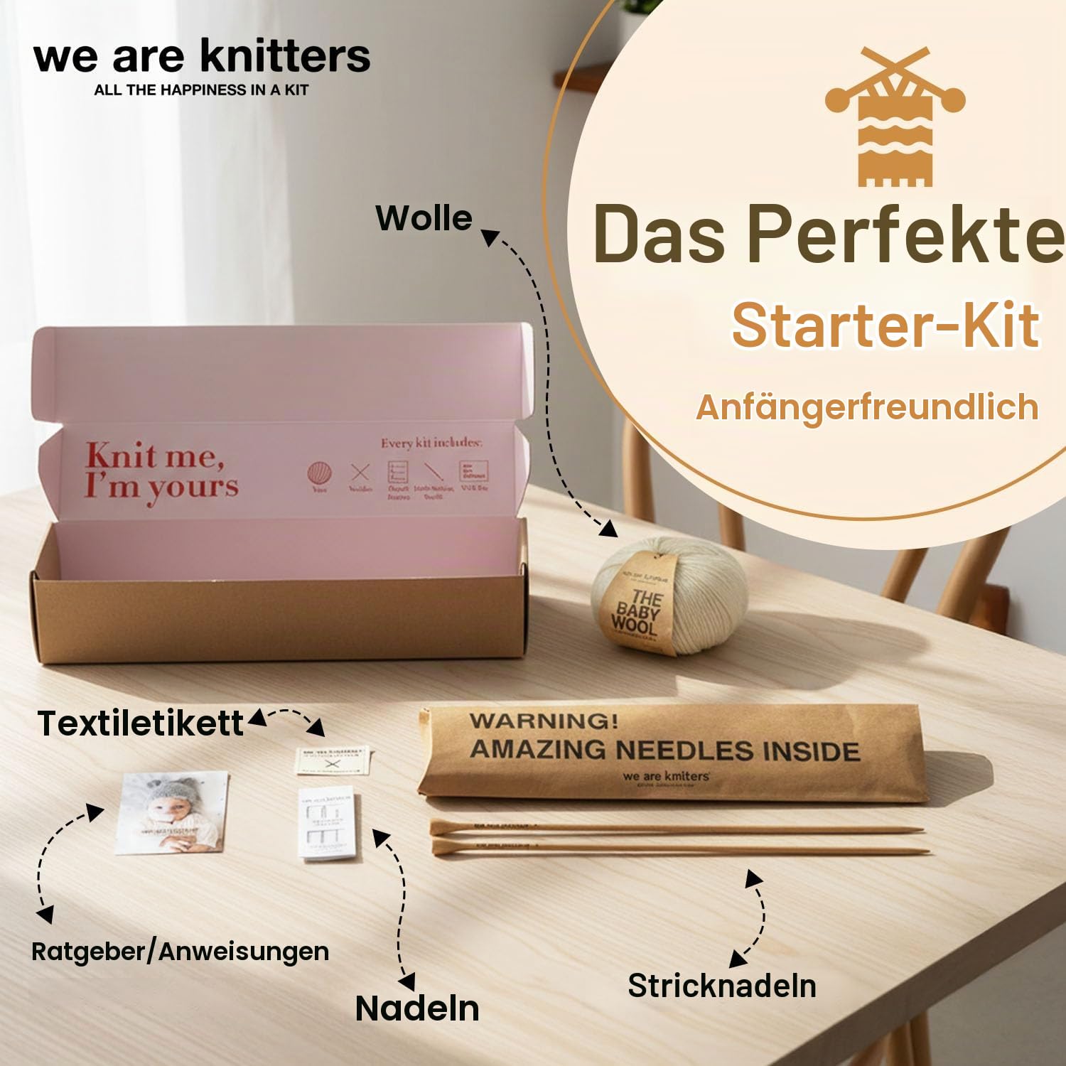 We Are Knitters Loris Beanie Strickset für Babys, DIY Mütze aus 100% Alpaka Wolle zum Stricken, Häckel kit für Anfänger, Strickset für Anfänger inkl. Stricknadeln Set, Größen 0-6M & 6-12M