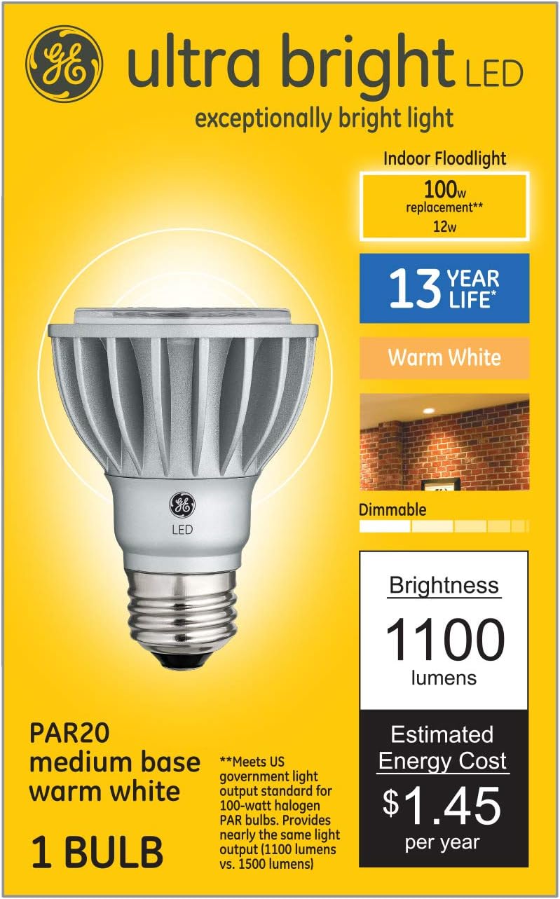 GE Lighting Nighthawk Dimmable LED Light Bulb, PAR20 Indoor Floodlight, 12-Watt (100-Watt Replacement), 1100 Lumen, Warm White, Medium Base, 1-Pack PAR20 LED Light, Recessed Light Bulb, LED Floodlight