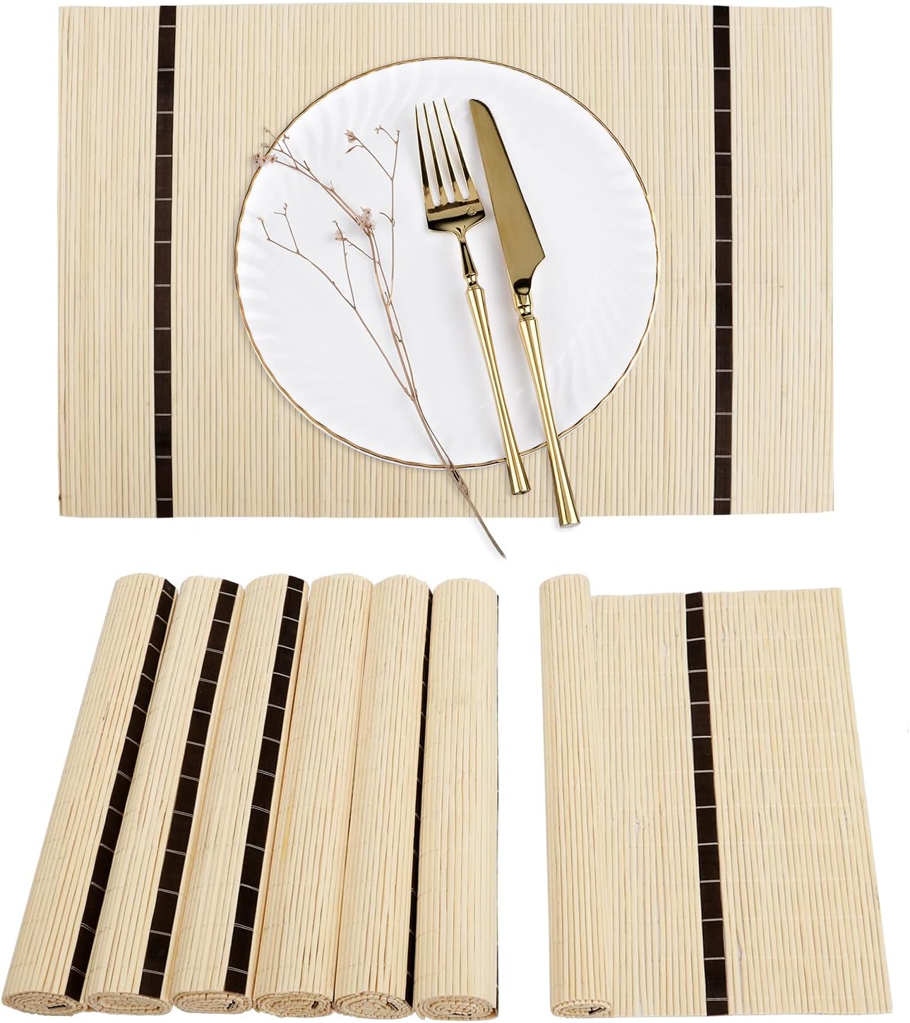 GFWARE Placemats Natural Bamboo 8 Pack Table Mats Heat Resistant Rectangular Wicker for Outdoor Farmhouse Kitchen Dining Table Decor