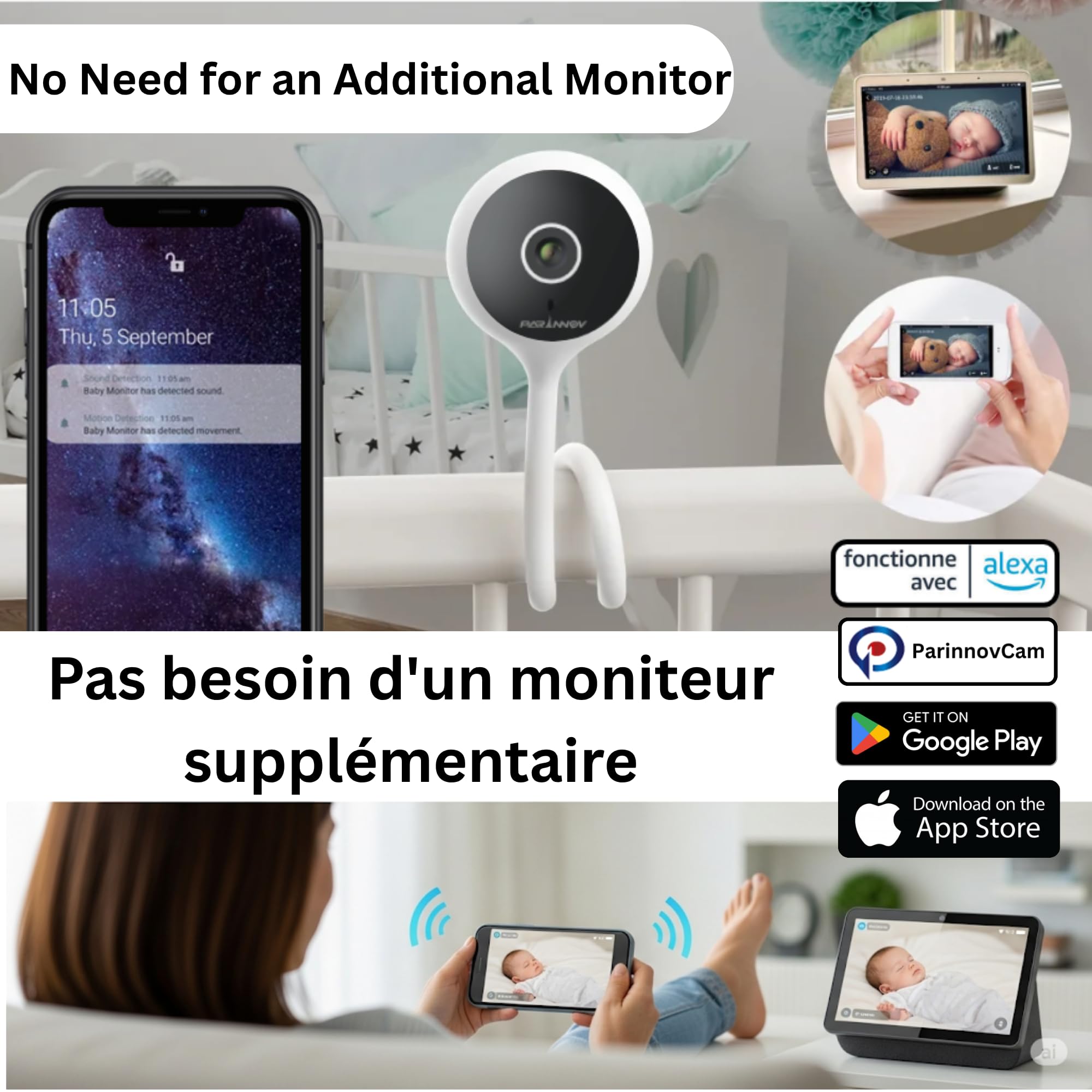 DIO DIOCAM-FI01 - Babyfoon Met Camera - Babycam - HD 1080p Tweerichtingscommunicatie Bewegingsdetectie Huildetectie Temperatuur En Vochtigheidsmeter Nachtzicht Wit