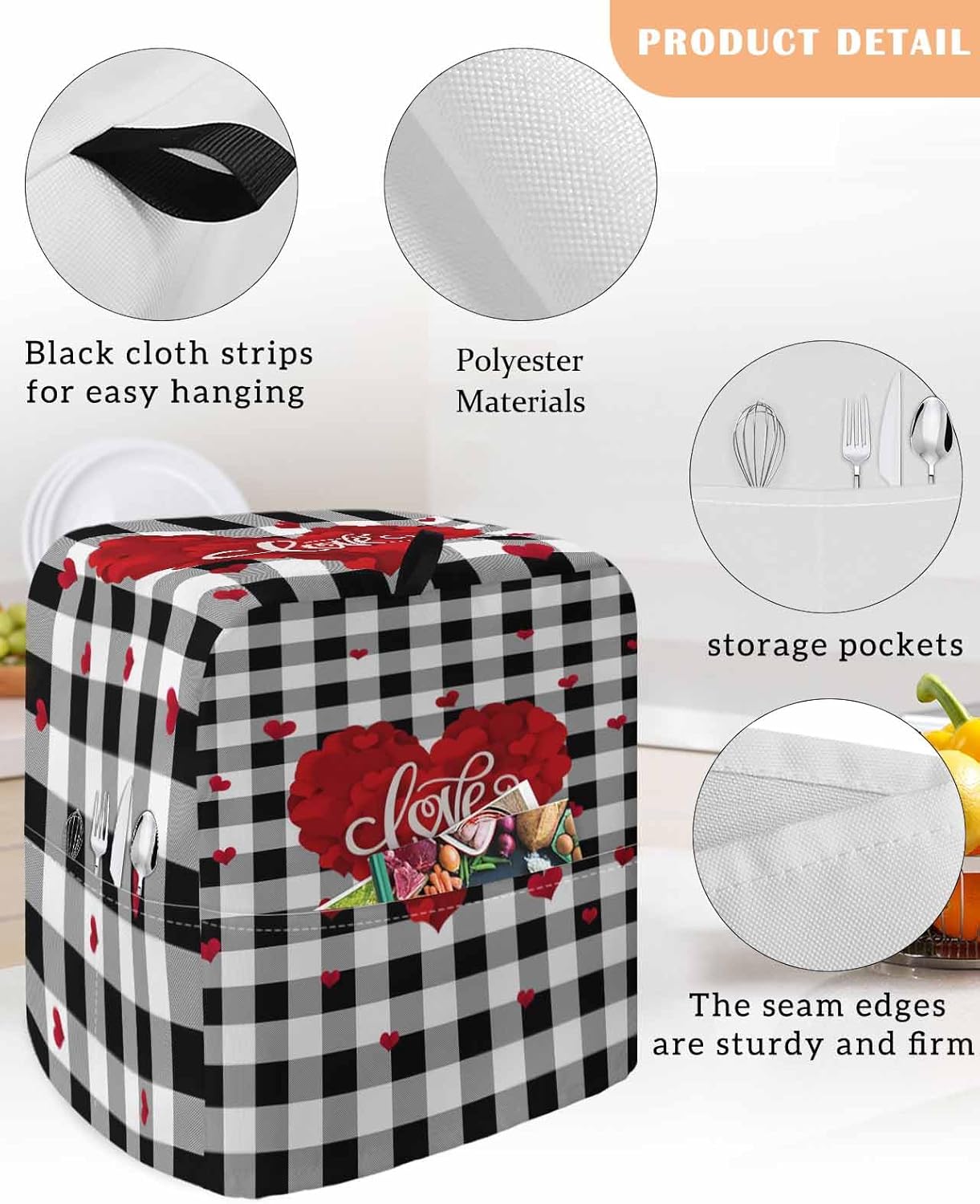 Stand Mixer Cover with Storage Pocket, Valentine's Day Waterproof Kitchen Mixer Covers, Love Heart Black White Plaid Farmhouse Kitchen Appliance Dust Cover Compatible with 5-8 Quart Mixers