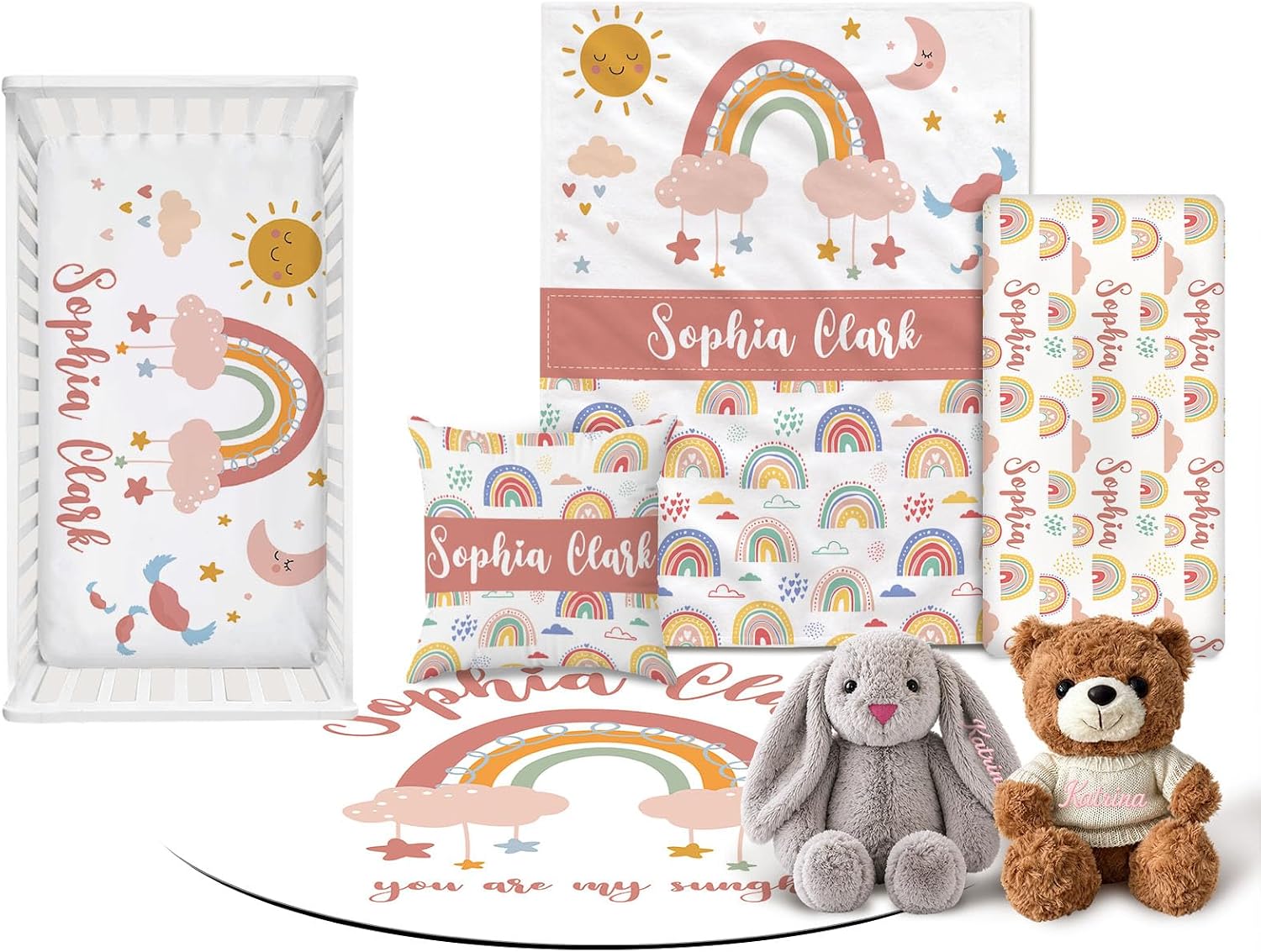 Personalized Rainbow Crib Bedding Set 5‑Pcs, Gift for Baby Girl Nursery