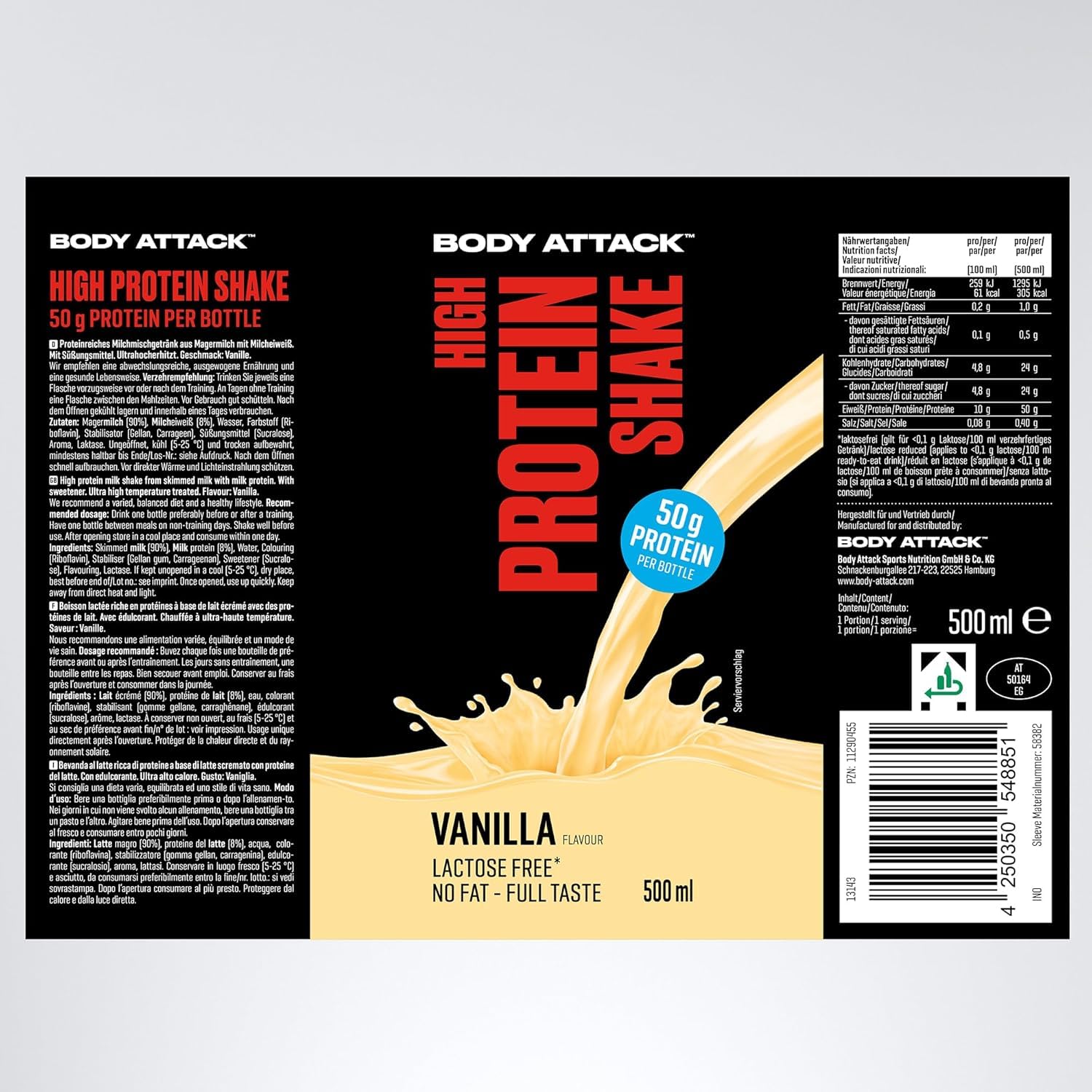 Body Attack High Protein Shake, 50 g, niskokaloryczny shake fitness z białkiem mleka dla rozwoju mięśni, gotowy do picia w podróży, wanilia (12 x 500 ml)
