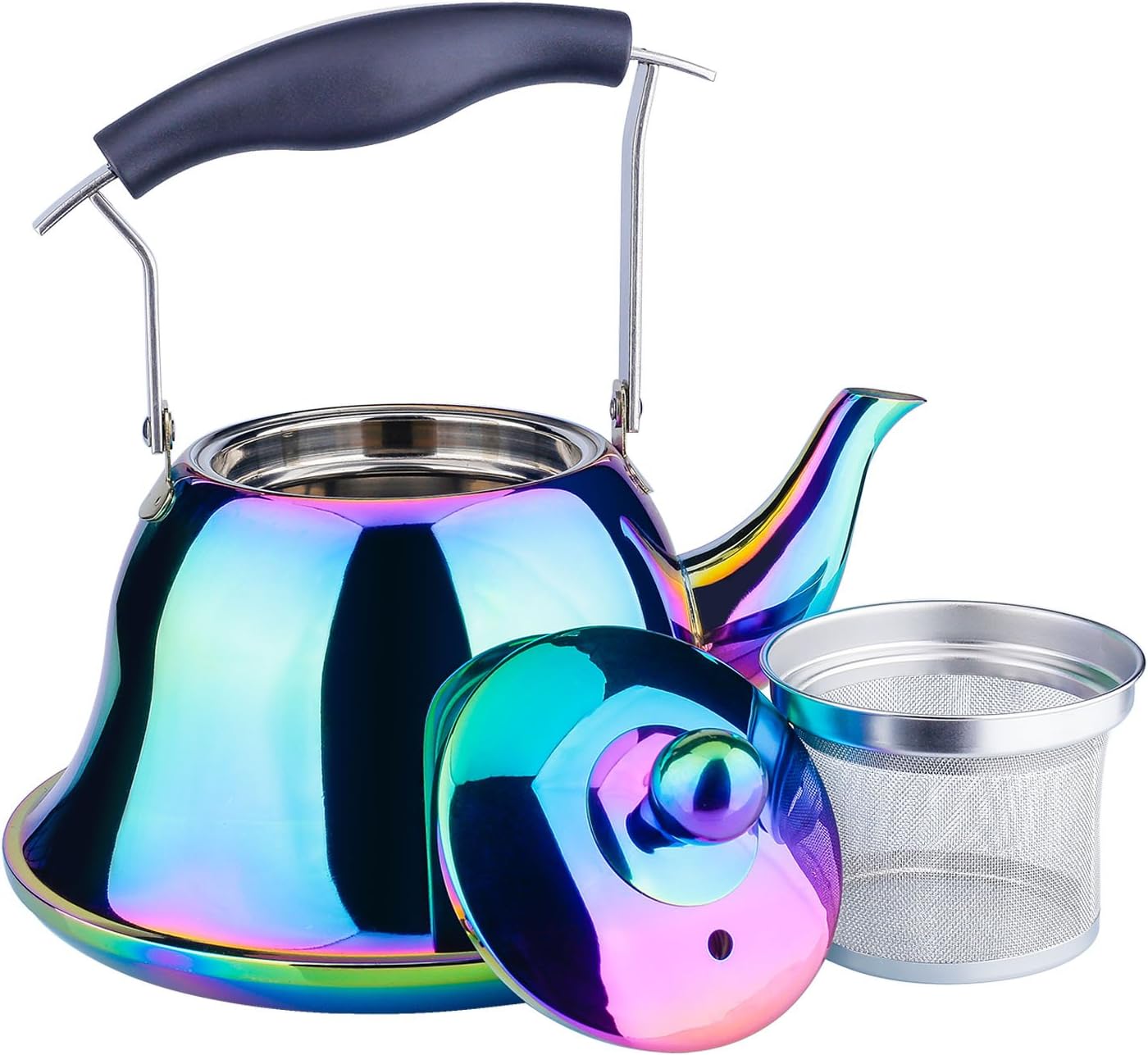 Whistling Tea Kettle Stainless Steel Stovetop Teakettle with Infuser Sturdy Teapot for Tea Coffee Fast Boiling Color Rainbow Mirror Finish 2 Liter / 2 Quart