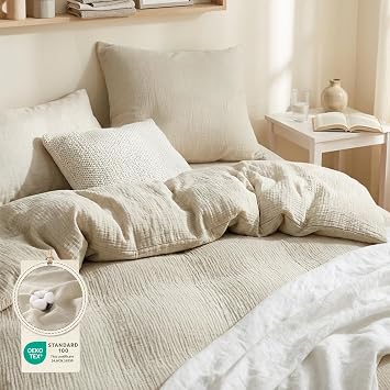 RUIKASI Muslin Bed Linen 135 x 200 cm Beige - Oeko-Tex Cotton Bed Linen Sets 2-Piece with Zip Breathable Summer Duvet Cover with Pillowcase 80 x 80 cm
