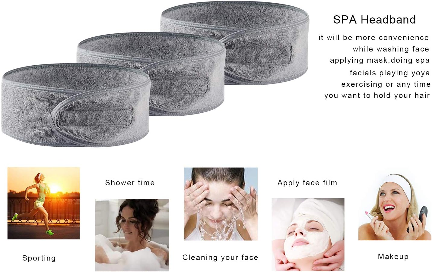 KinHwa Spa Facial Headband Adjustable Towel Headband Make Up Wrap Head Band for Face Washing Shower, Yoga Sports 3 Pack Gray - Image 5