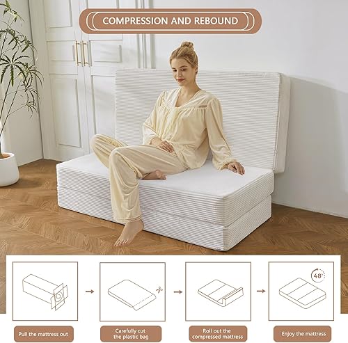 Miniatura 7 de BYBYME Colchón de pana plegable de tres pliegues, cubrecolchón plegable de gel de 6 pulgadas, almohadilla plegable suave para cama de invitados y