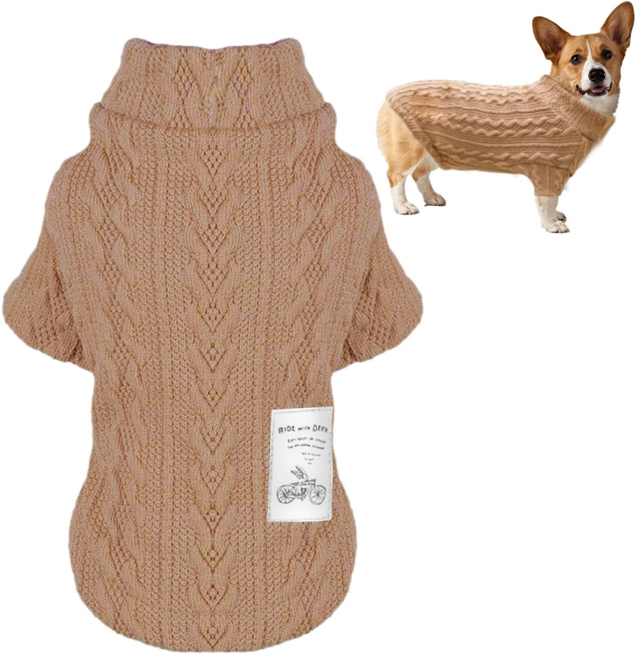 KONUNUS Knitted Small Dog Sweater Warm Dog Jumper Coat Puppy Winter Clothes for Dogs Cats, Khaki