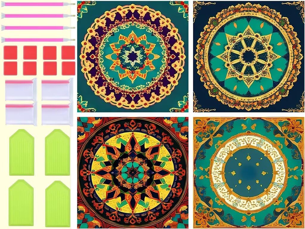 4 Pack Mandala Blume Diamond Painting XXL 60x60cm Diamant Painting Bilder Erwachsene Diamond Art mit Zubehör, Kinder Stickerei Set Diamant Kunst Malerei für Wohnzimmer Zimmer Deko Geschenk T-616