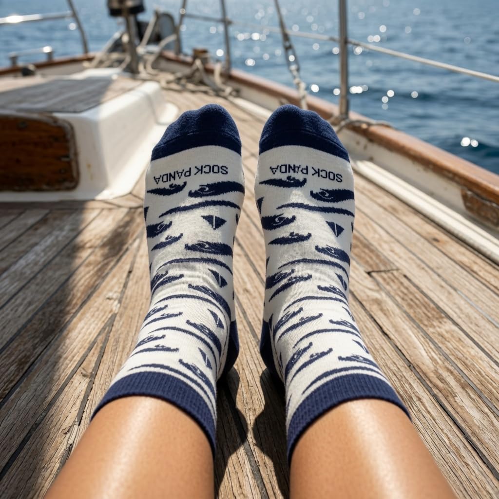 Sock Panda Women's Sailboats and Wave Pattern Socks, Adult Medium, 80% Cotton