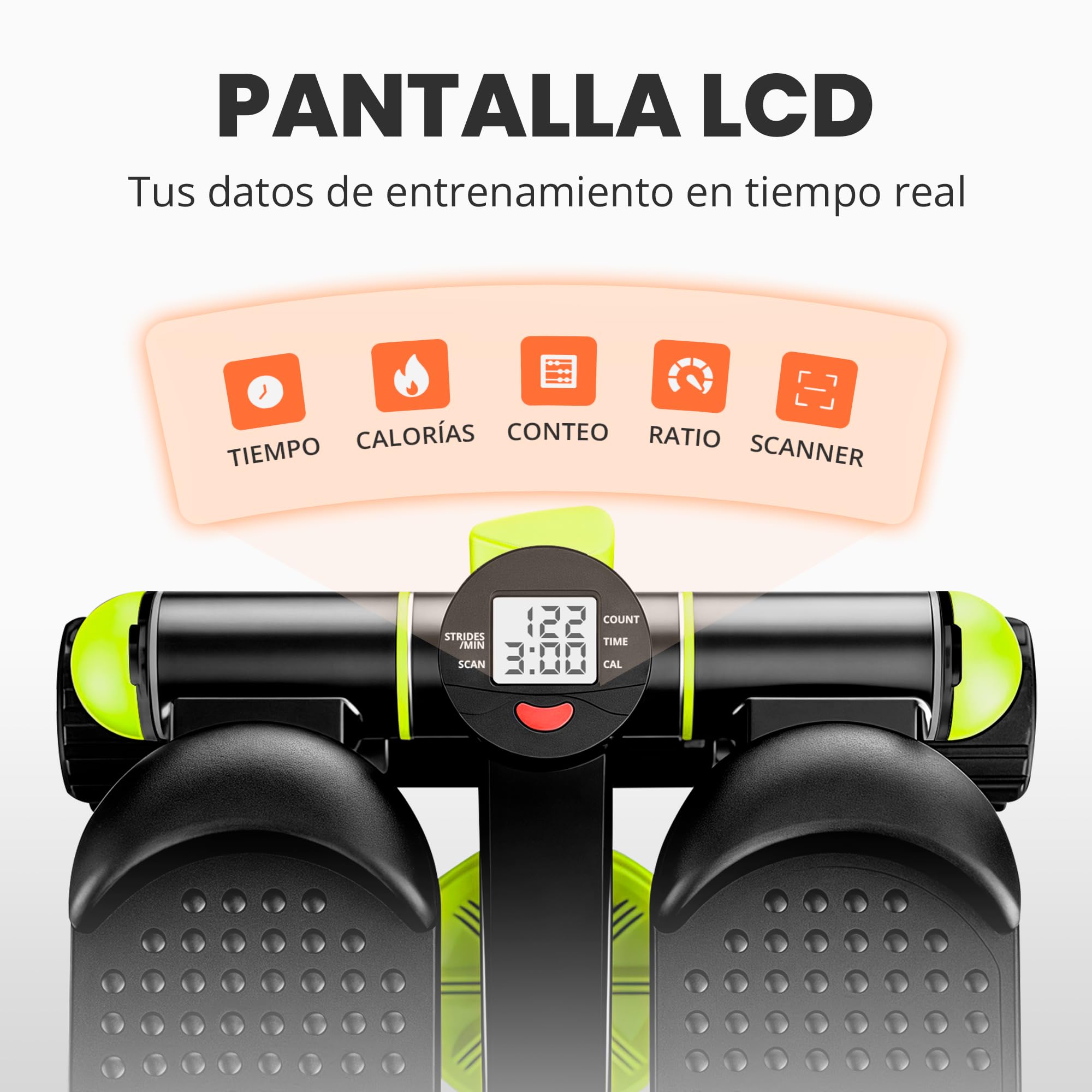 JUPPLIES Mini Stepper con Bandas Elásticas - Stepper Fitness de Acero, Pistón Hidráulico Silencioso, Pantalla LCD, Resistencia Ajustable y Pedales Antideslizantes para Tonificar y Quemar Grasa en Casa