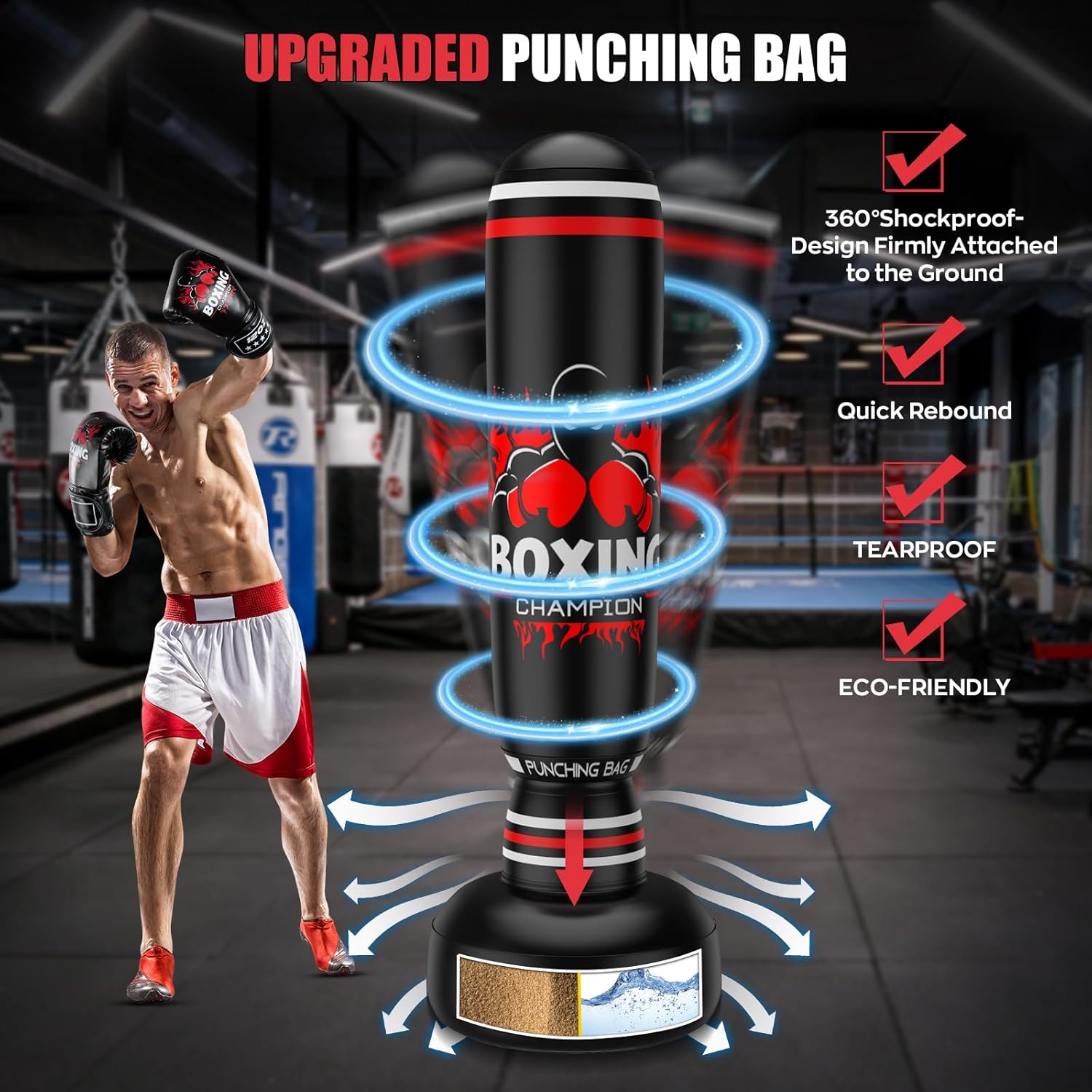 Image of a person punching the freestanding bag, with arrows indicating the quick rebound and shockproof design.