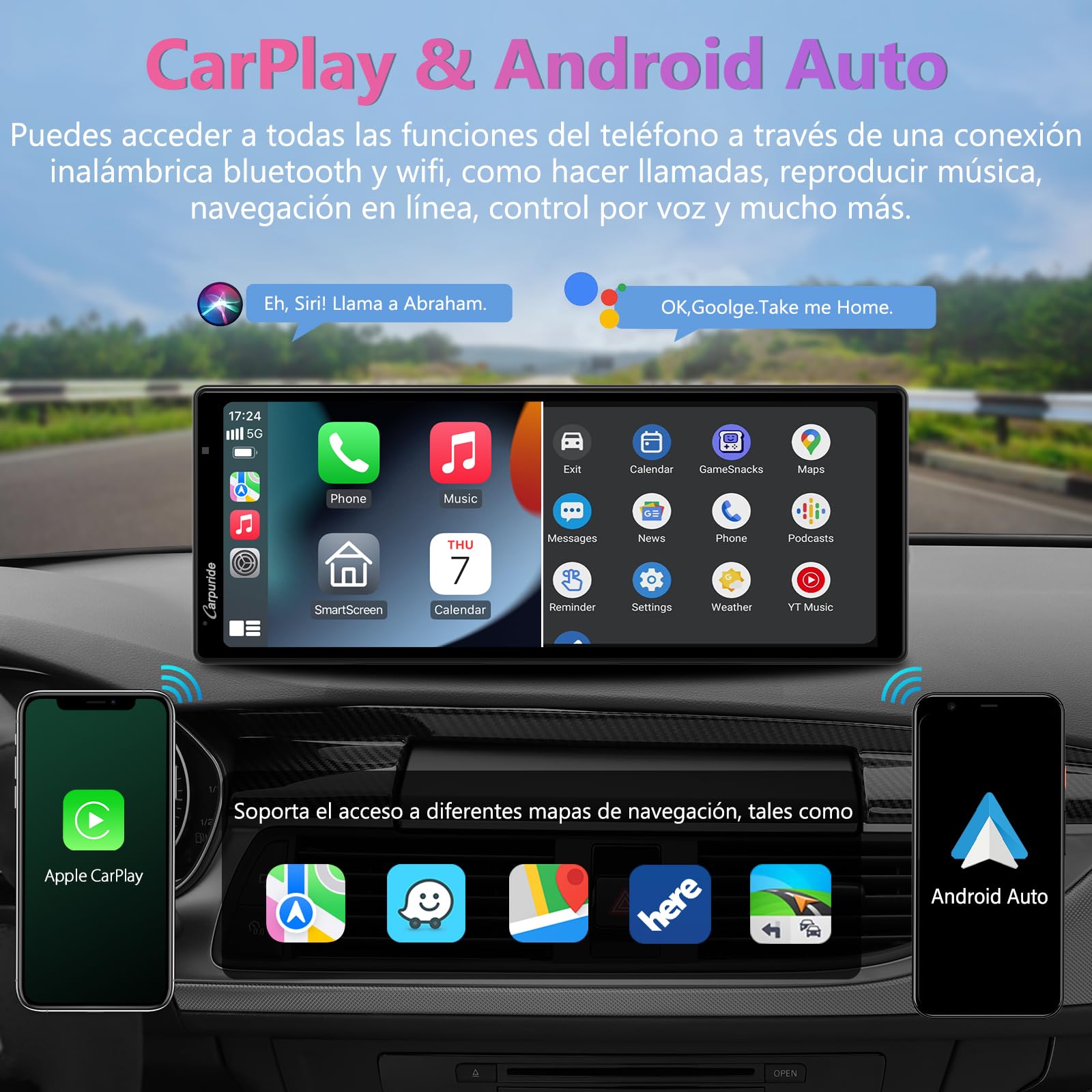 Carpuride W903 Carplay y Android Auto inalámbricos Portátiles con Cámara para Salpicadero 4K - Pantalla IPS HD de 9,3", Grabación en Bucle, Bluetooth, Mirror Link, GPS, Siri, Montaje en Salpicadero