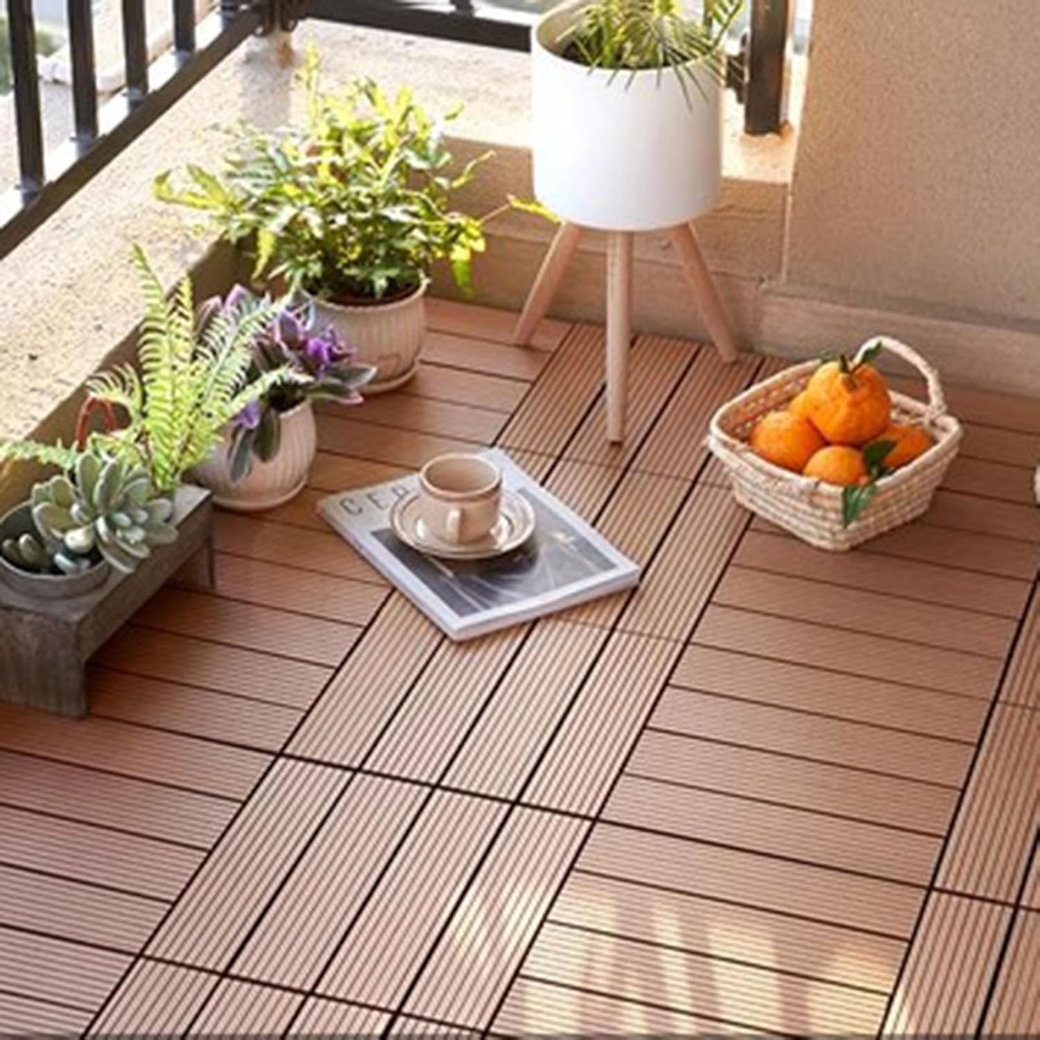 Dalles et lames de terrasse en composite, Tuiles de verrouillage composites en bois for terrasse extérieure, paquet multicolore de 4 à 20 pièces(Wood Color,15pcs)