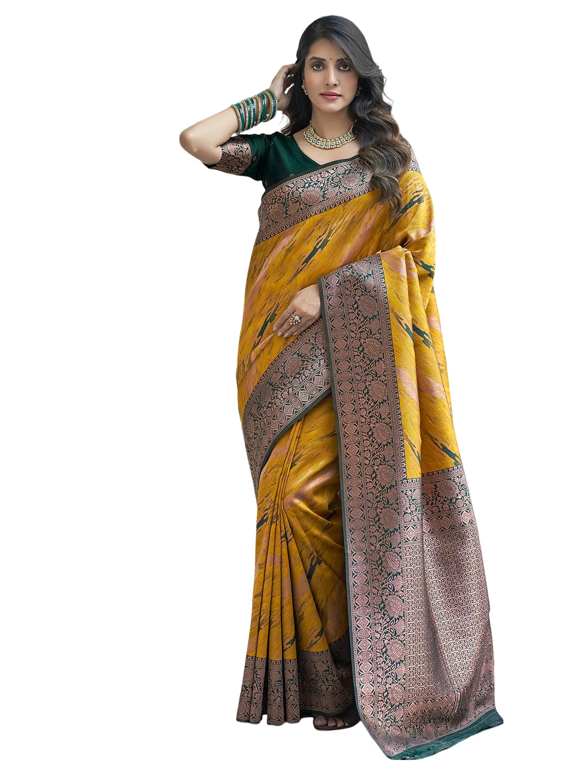 Satrani Women's Banarasi Jacquard Kanjivaram Silk Blend Saree With Unstitched Blouse Piece (3756S165N_Yellow & Dark Green)