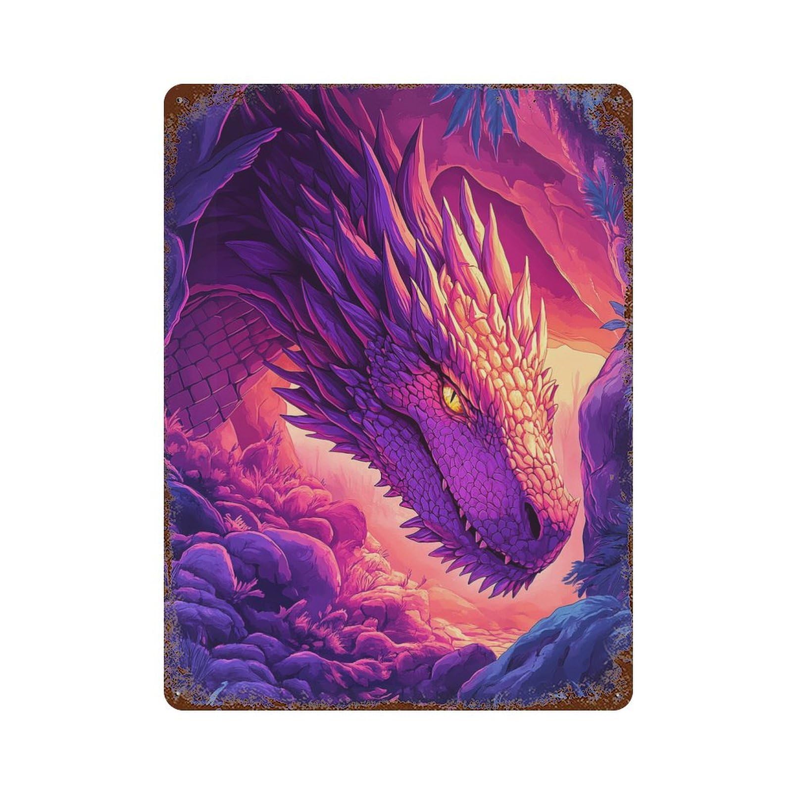 Purple Dragon in Cave Distressed Metal Wall Sign 15.7"x11.8", Rustic Home Decor for Living Room, Hallway And Home Decor