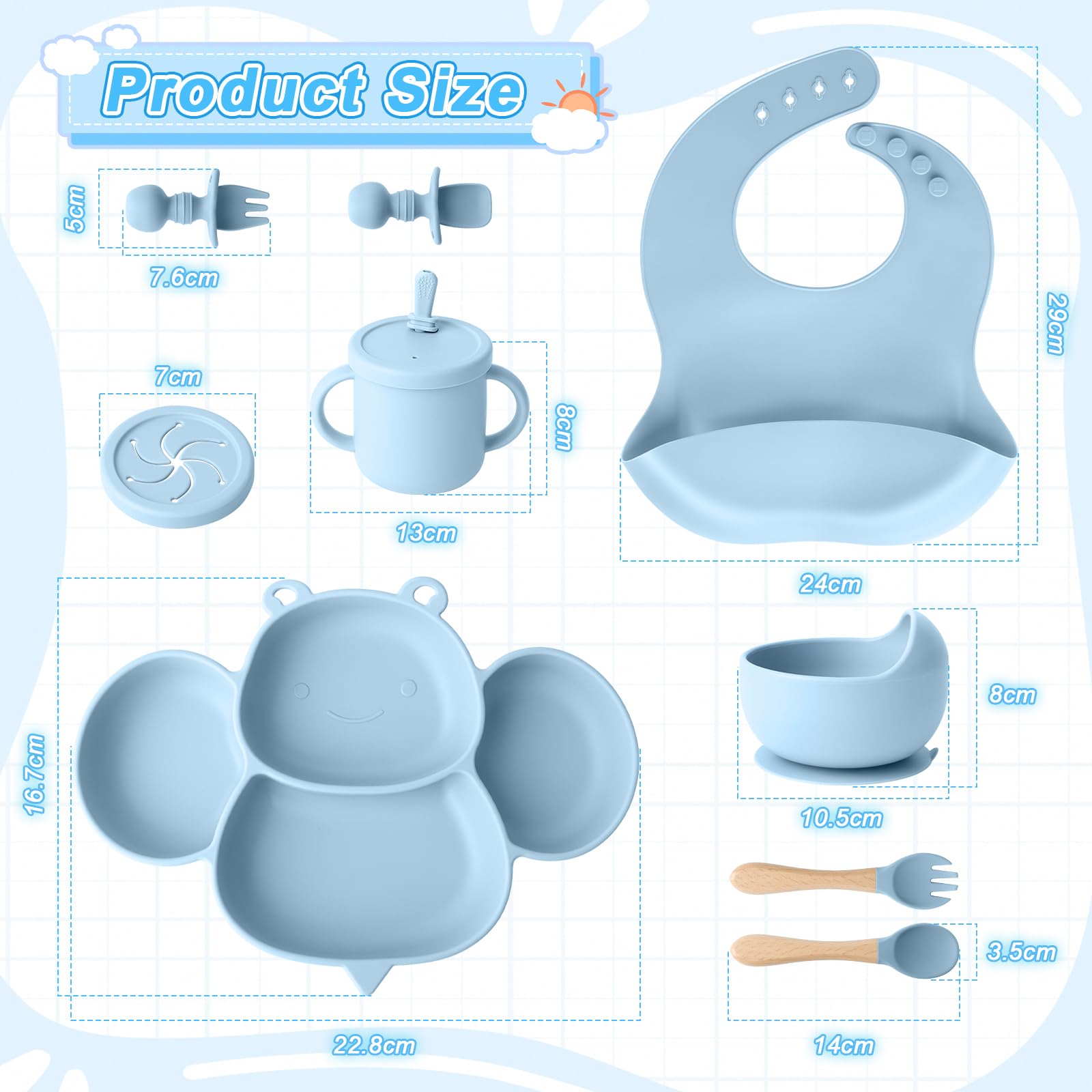 Set de Vaisselle Bébé en Silicone,Set de Repas Antidérapant pour Enfant avec Ventouse, Set de Vaisselle 8 Pièces Bébé