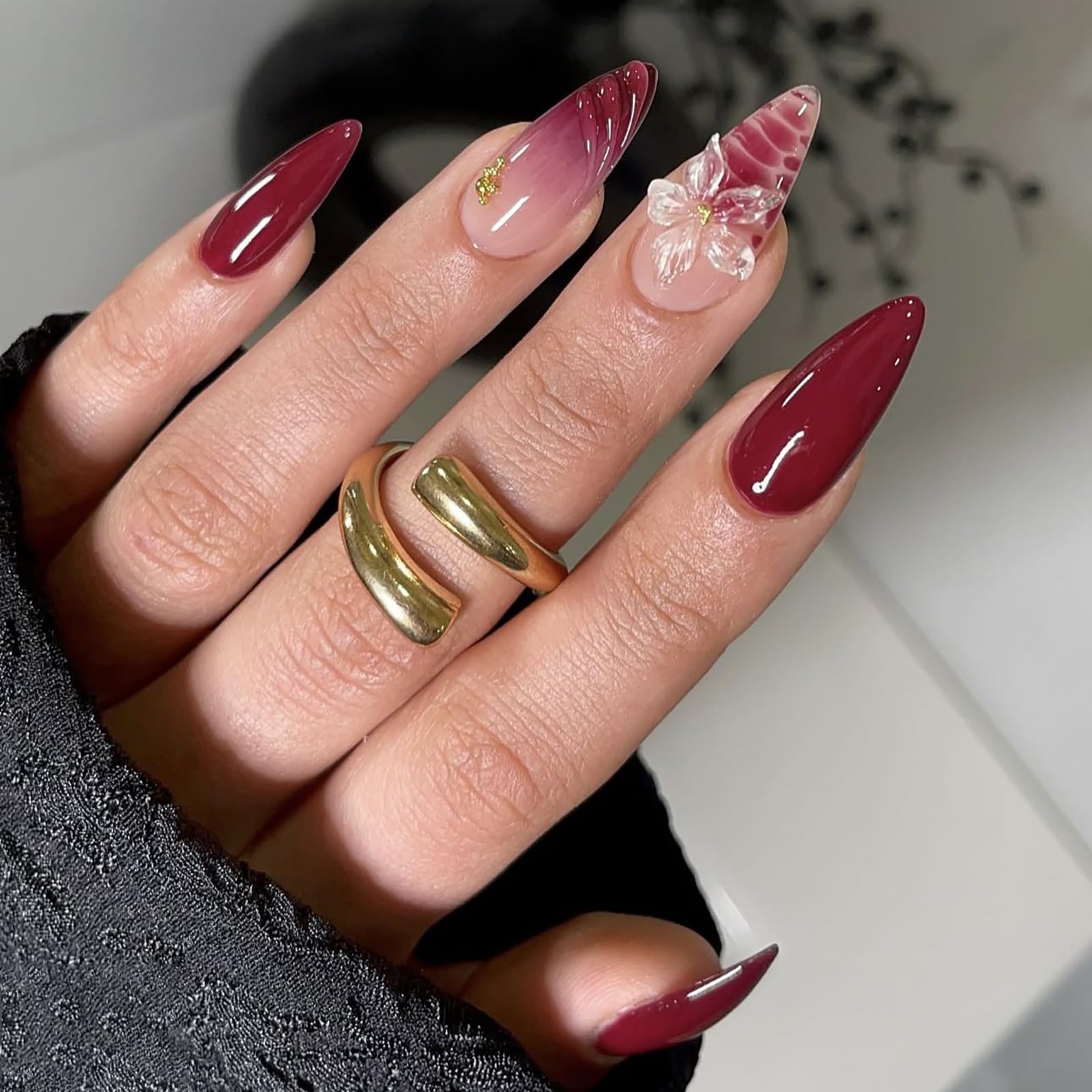 Burgundy Press On Nails, Red French Tip Press On Nails with 3D Floral Design, 24Pcs Artificial Nails Kit with Jelly Glue, Salon-Quality Manicure for Special Events and Daily Wear-image-48