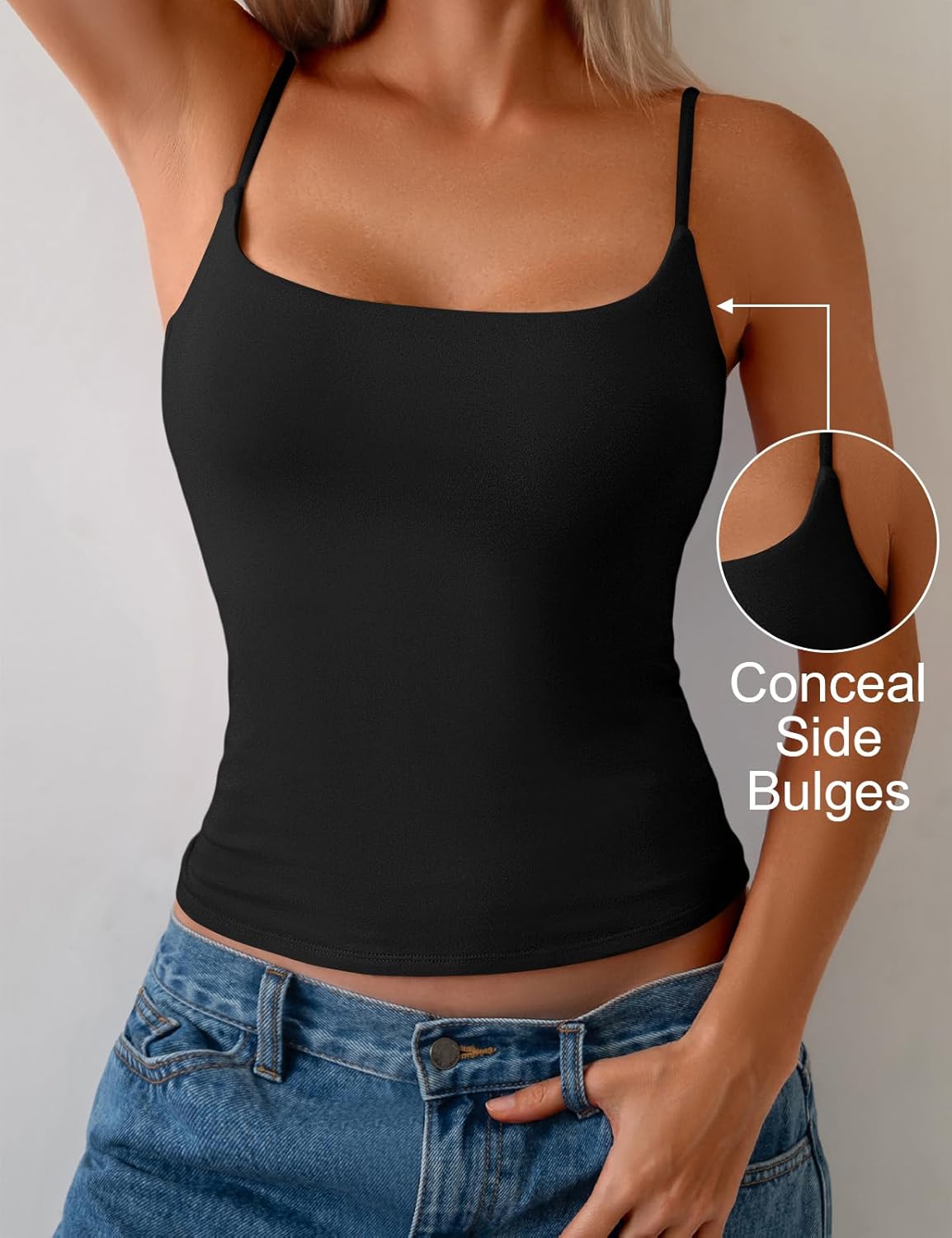 PrettyGuide Women Cotton Cami Tops Built-in Shelf Bra Unpadded Square Neck Crop Tank Top Fitted Basic Camisole Going Out Tees - Image 5