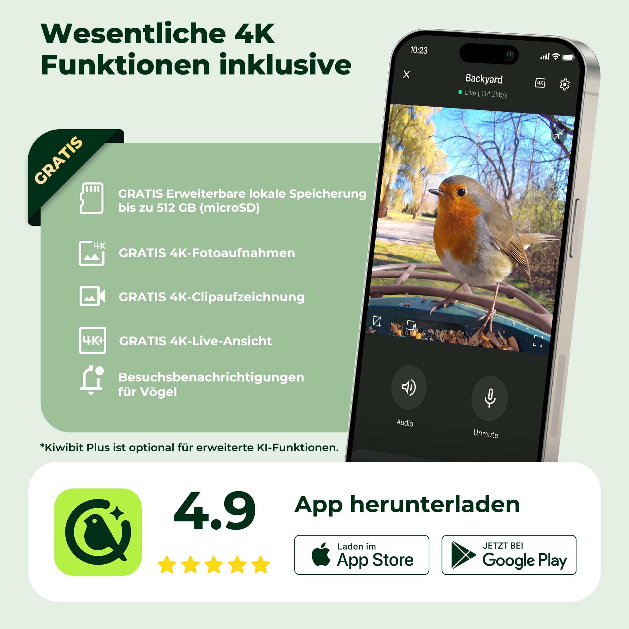 Kiwibit Smart Vogelhaus, 4K Kamera, KI-Erkennung ohne ABO, Mit Solarpanel | Live-Ansicht, KI-Vogelerkennung ohne Abo, Echtzeit-Alarm, 8MP Fotos und Nachtsicht