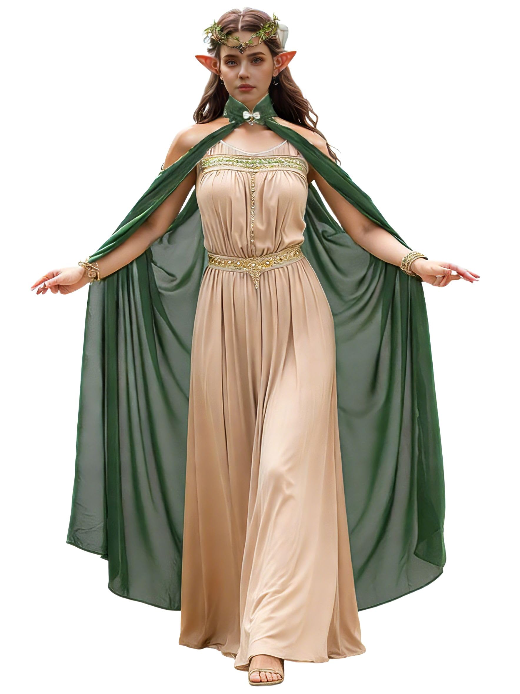 Cape elfique médiévale vintage pour femme, cape elfe de la forêt (couronne d'elfe et oreilles d'elfe incluses)