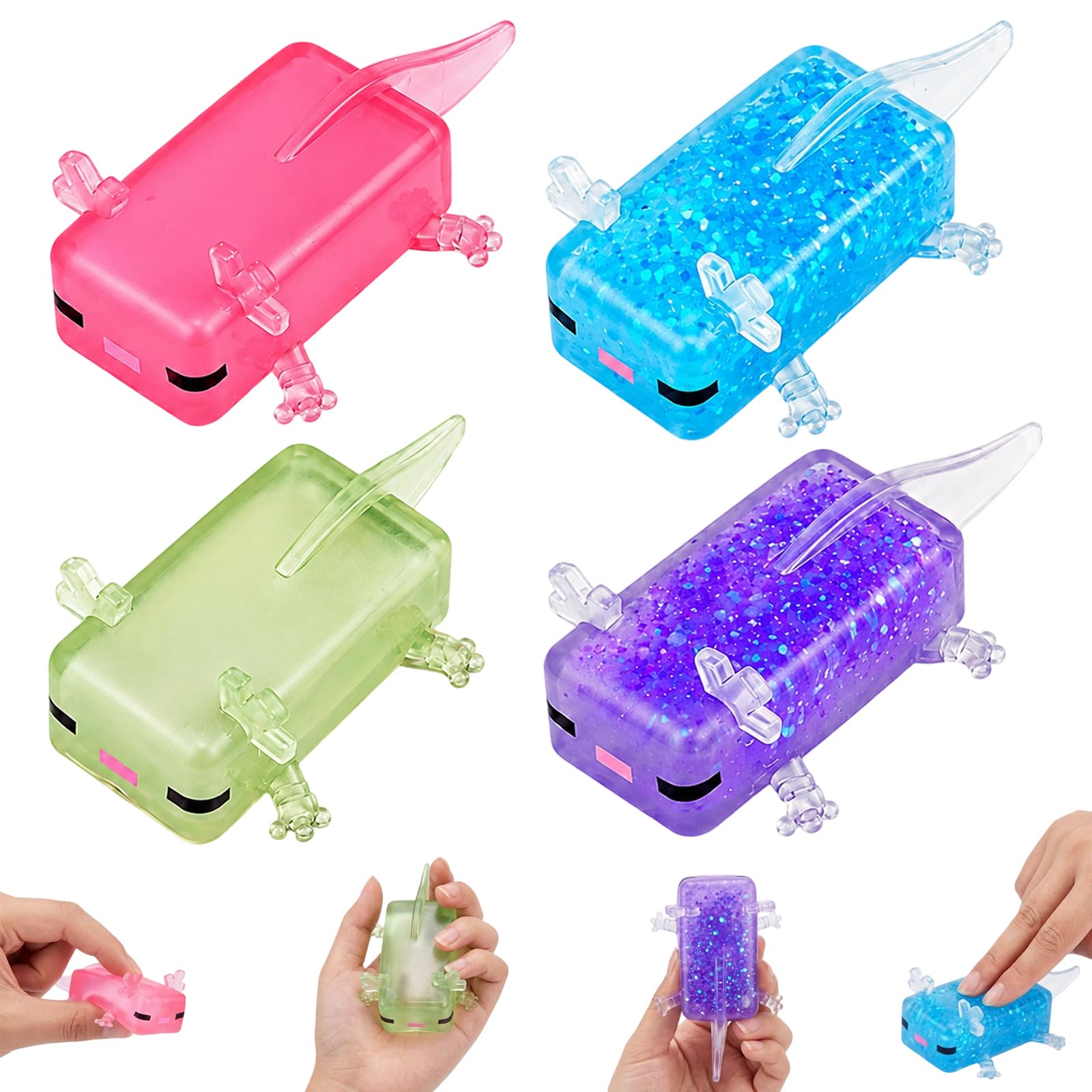 4Pcs Axolotl, Glitter Blue Purple Pink Green Sensory Fidget Pack, Axolotl & Square Shaped Sugar Filled Compounds for Stress Relief and Desk Decor