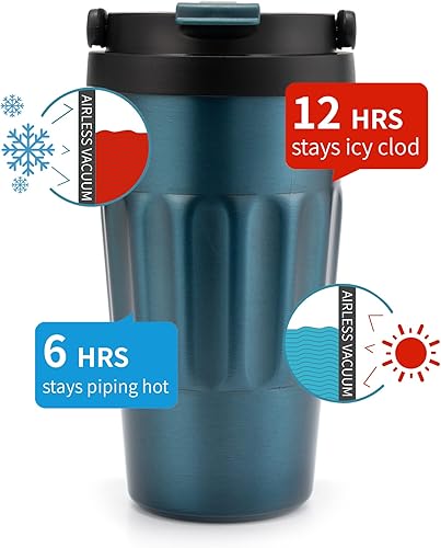Miniatura 4 de Taza de agua de acero inoxidable, tazas de café reutilizables con tapas, vaso de café de 18 onzas, taza de viaje, taza portátil (azul)