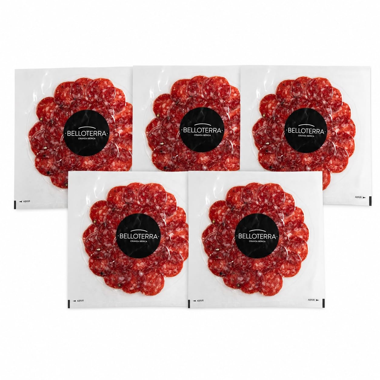 BELLOTERRA | Confezione da 5 Buste Salchichón di Ghianda Iberico Affettato | 5 x 80 gr | Busta in Atmosfera Protettiva | Stagionatura Artigianale 4-5 Mesi | Razza Iberica | Salume Gourmet Tradizionale