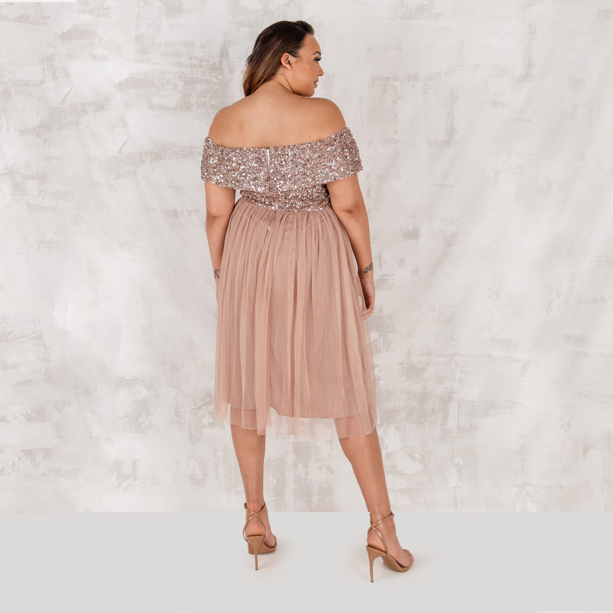 Maya Deluxe Women's Ladies Bardot Dresses Midi High Empire Waist Sequins Embellished Formal Evening for Wedding Guest Bridesmaid
