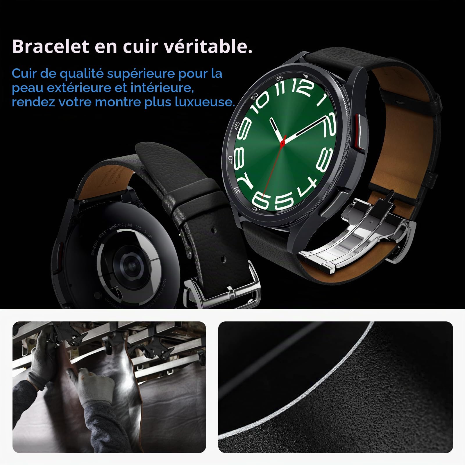 Spigen Enzo Bracelet en Cuir véritable Compatible avec Samsung Galaxy Watch 7 44/40mm, FE 40mm, 6/5/4 44/40mm, Classic 6 47/43mm, 5 Pro 45mm, 4 Classic 46/42mm, 3 41mm, Active 1&2 Bracelet - Noir