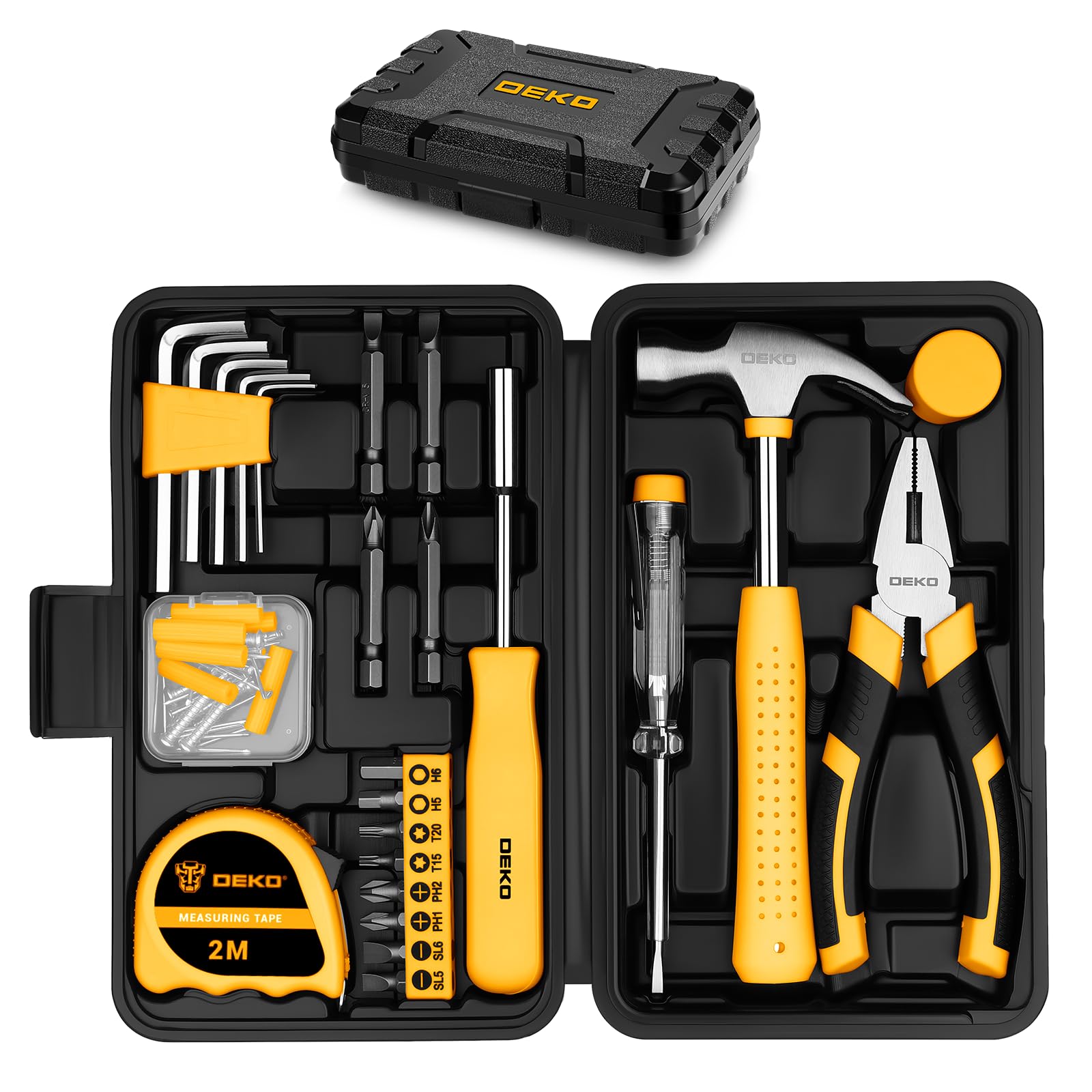 Tool Set 56 PCS Small Tool Kit, DEKO Mini Tool Box with Hammer Pliers Screwdriver Bits for DIY Home Repair Kit for Household, Drawer Storage, Gift for Him