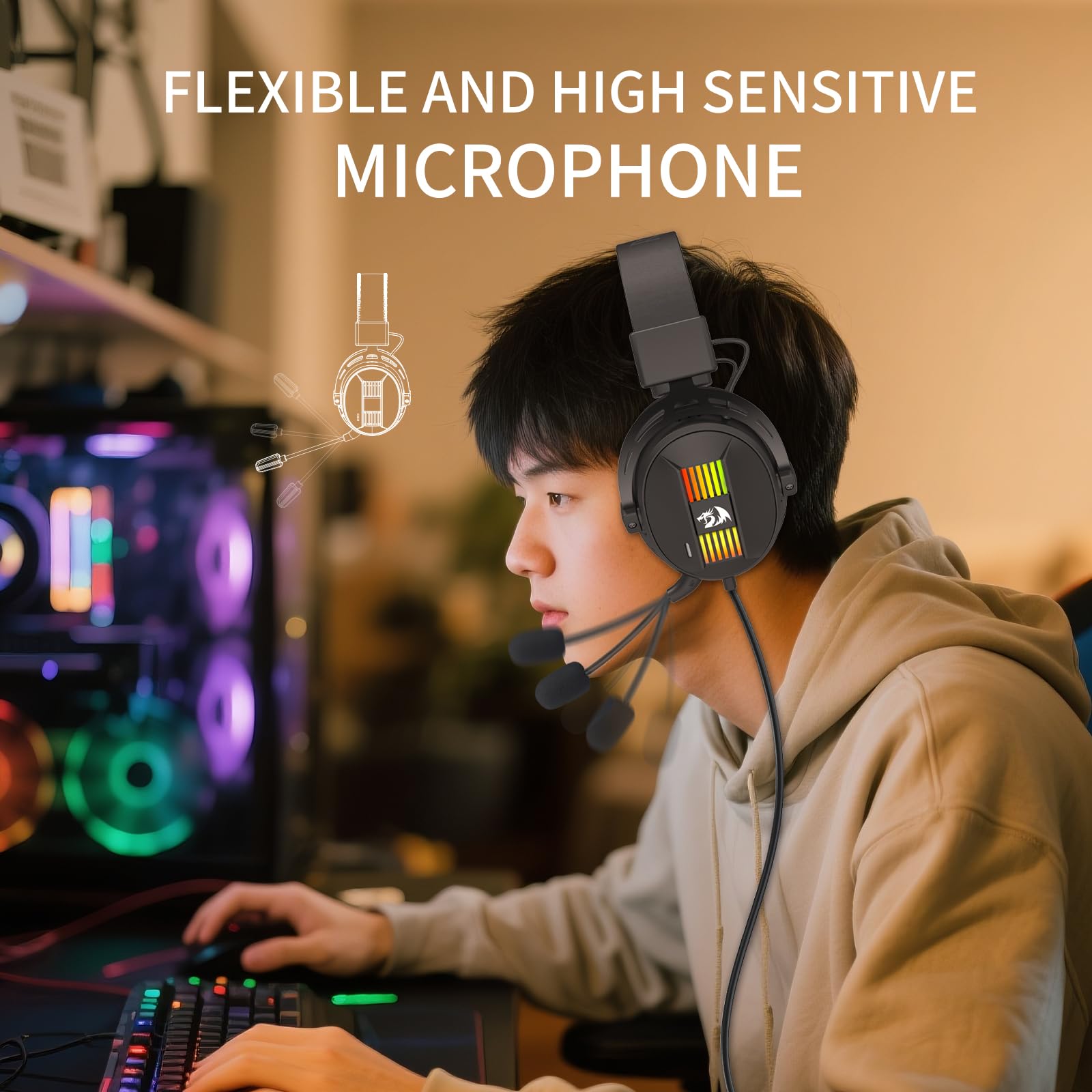 Redragon H375 Casque Gaming RGB USB Noir | casque gaming RGB son surround 7.1 pilotes 50mm coussinets confortables micro antibruit USB multi-plateformes noir