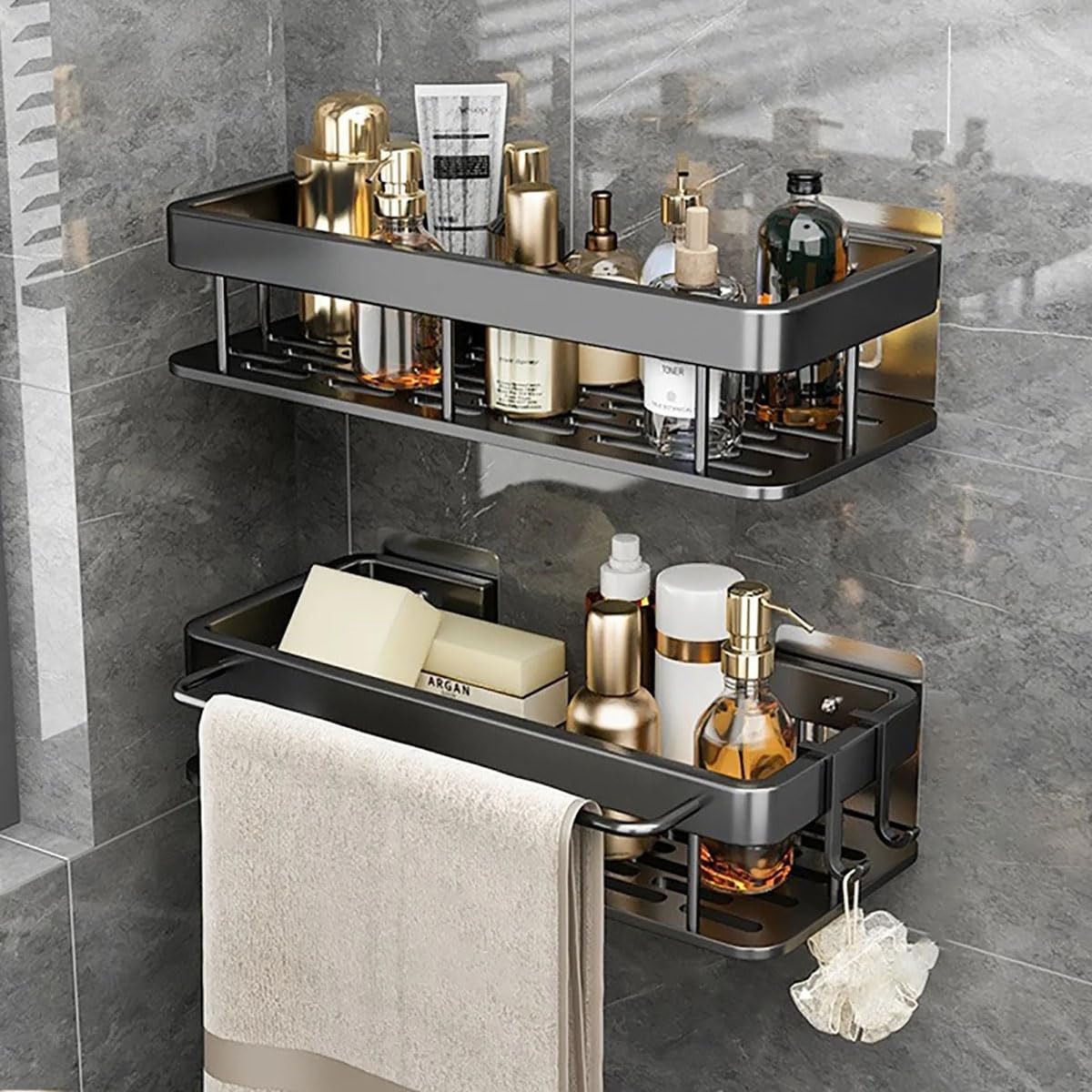 Shower Organiser No Drilling, Black Bathroom Caddy Stick On Shower Shelves, 2 Pcs Large Capacity Self Adhesive Bathroom Accessories with Removable Towel Holder