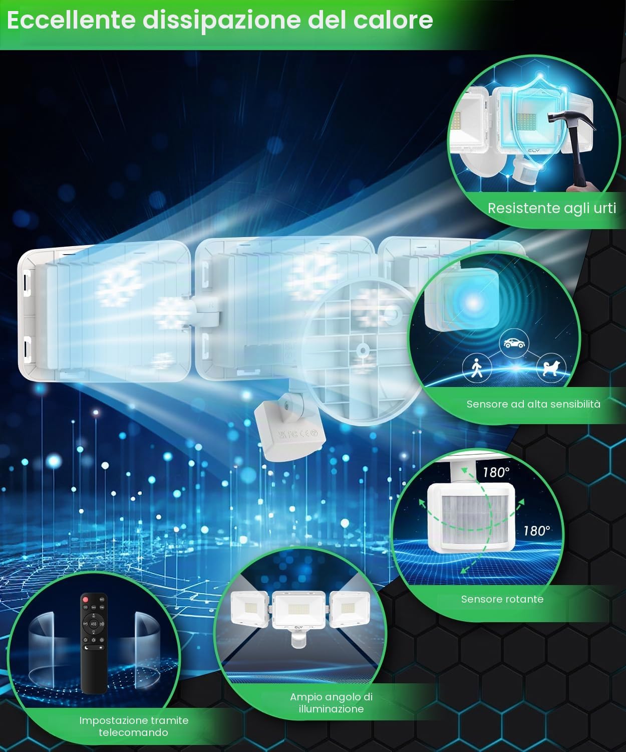 CLY Faretto Led Da Esterno Con Sensore Di Movimento 70W 6580LM 6500K | Faretti Led Da Esterno Con Telecomando 3 Teste Fari LED Esterno Bianca Fredda Faro Led IP66 Impermeabile Per Cortile Garage