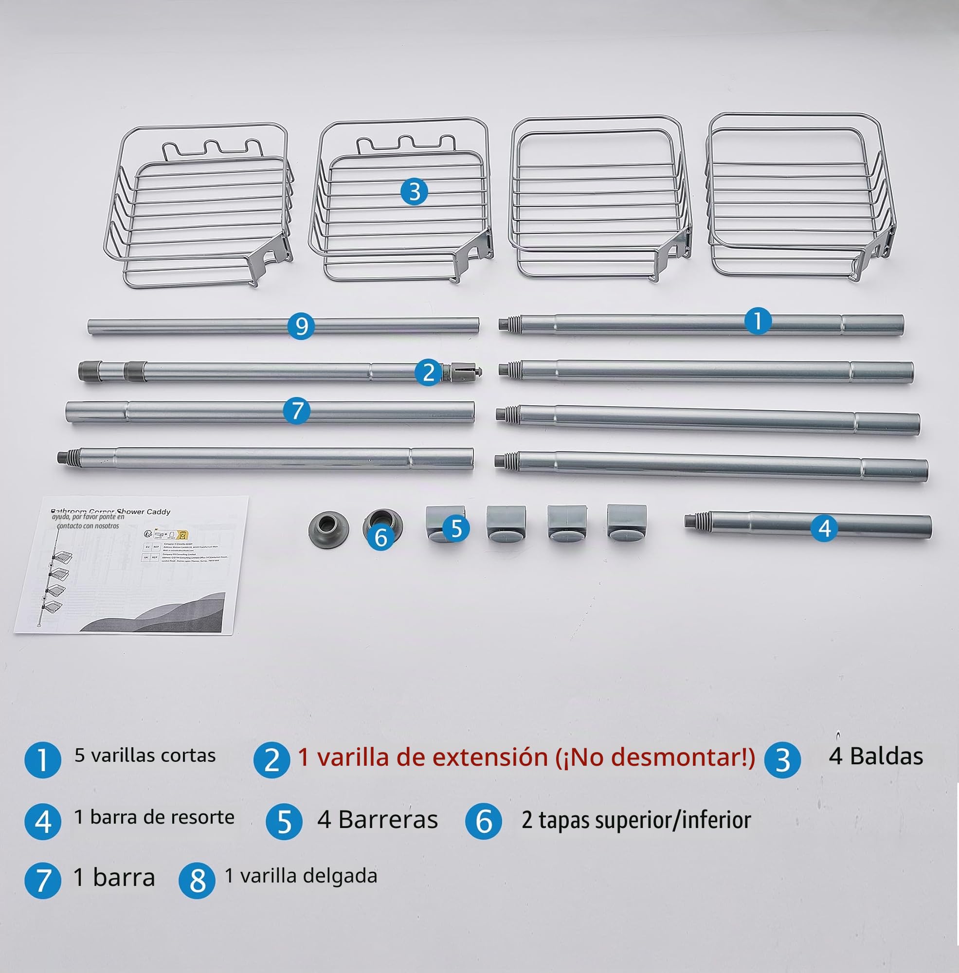 Telescopica Estanteria Ducha sin Taladro, Estantería Baño Acero Inoxidable con 4 Cestas, Esquina Estante Ducha para Bañera y Baño Altura Ajustable 73-302cm, Plateado
