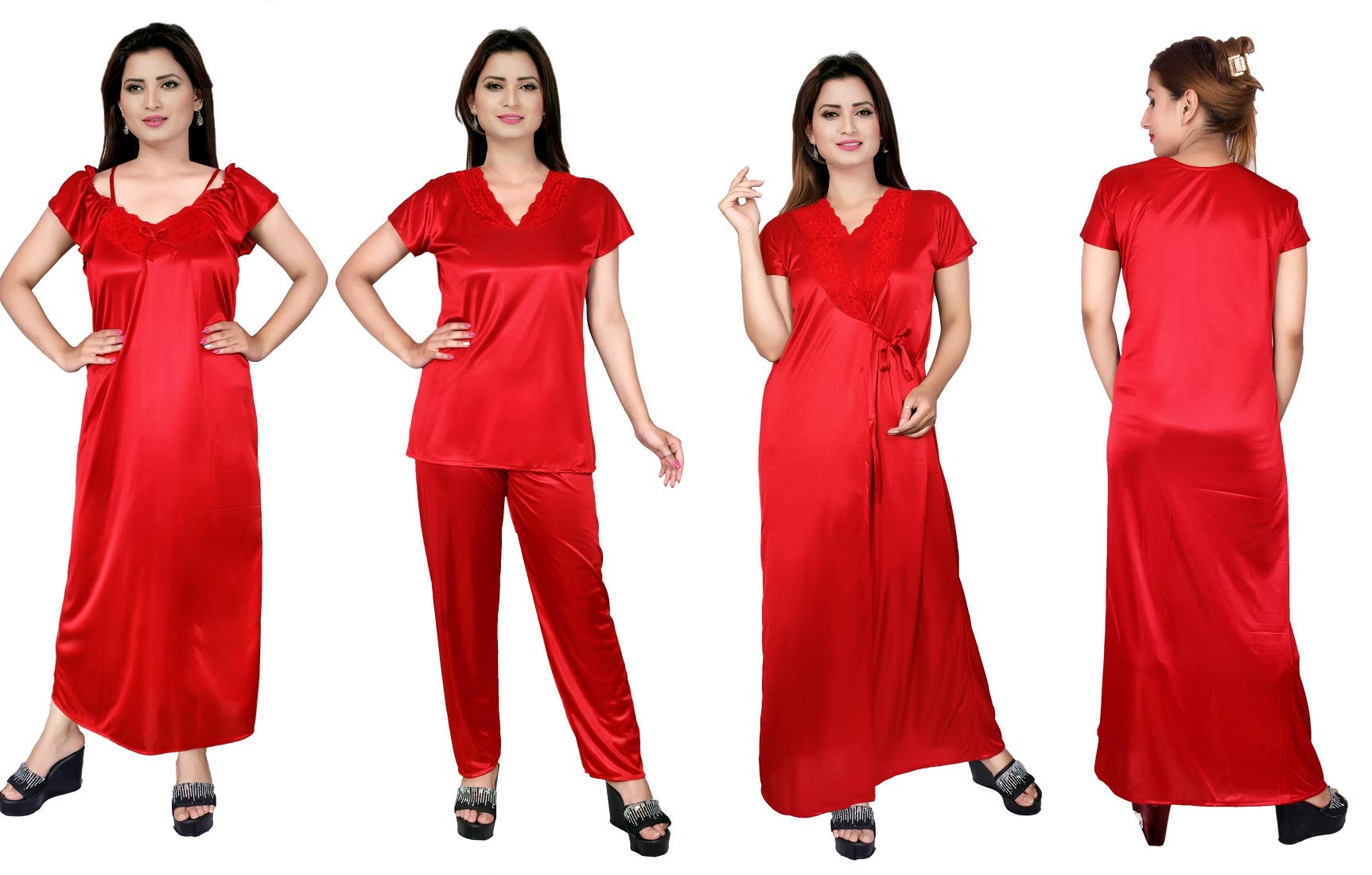 Women's Satin Plain/Solid Nightwear Set Pack of 4 (4060_Red_Free Size)-image-7