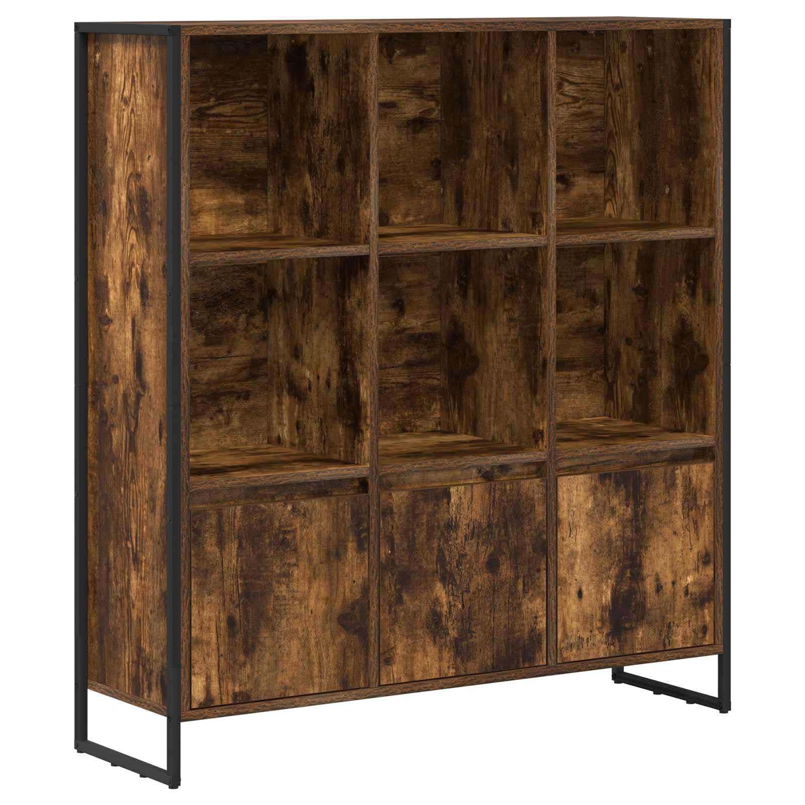Estantería de pie color ahumado con 6 puertas de madera industrial para salón