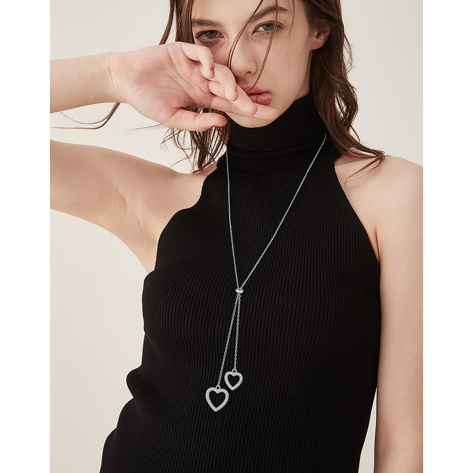 Y Kette für Damen 925 Sterling Silber Mond und Stern/Herz Anhänger Halskette Layered Halsketten Verstellbar Y Halskette Schmuck Geschenk Für Frauen